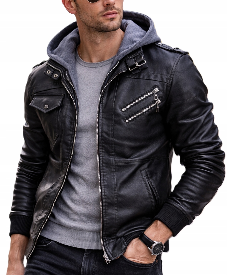 Męska kurtka skórzana ramoneska z kapturem czarna wiosenna przejściowa