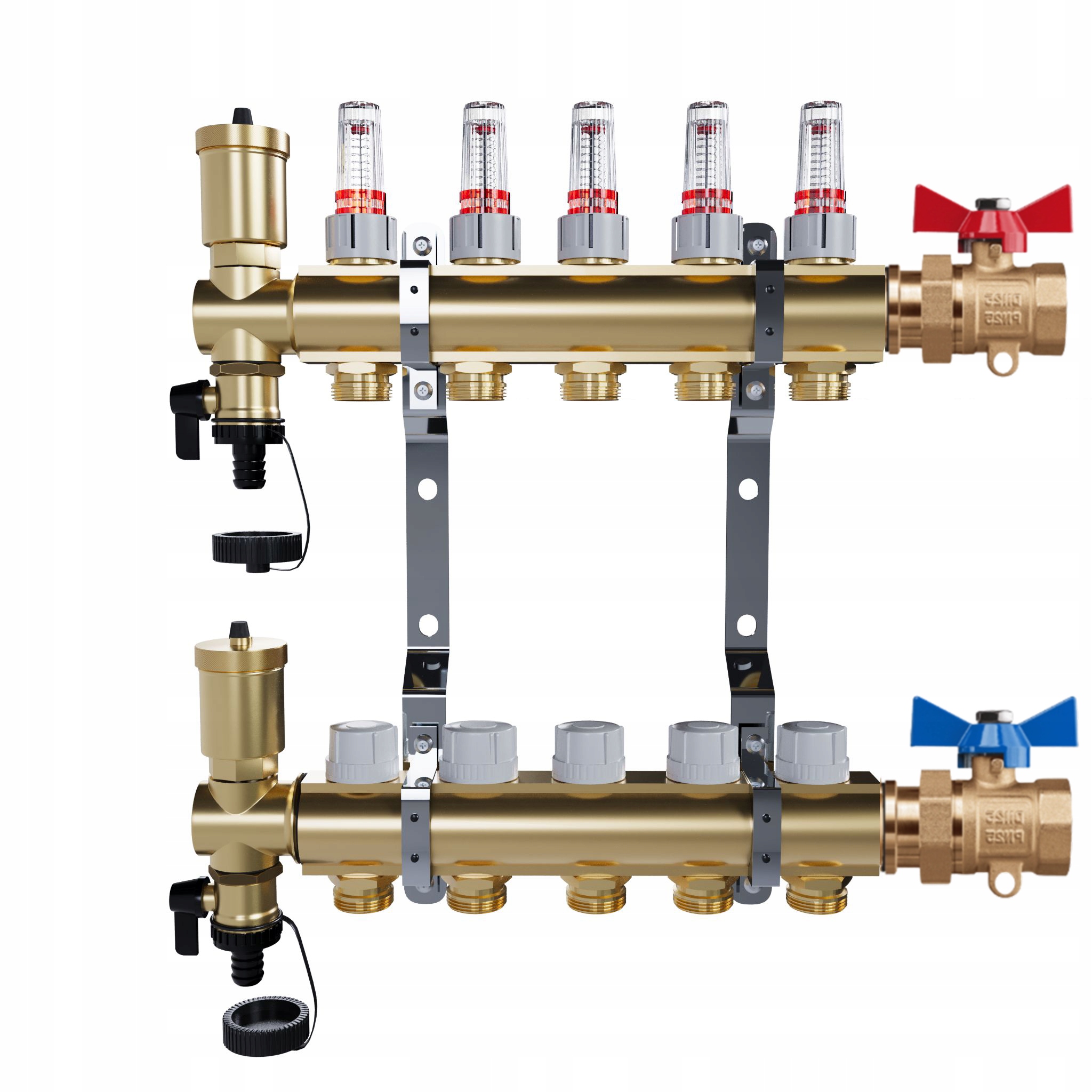 Rozdělovač pro podlahové vytápění – 5 okruhů jednoduché kulové ventily