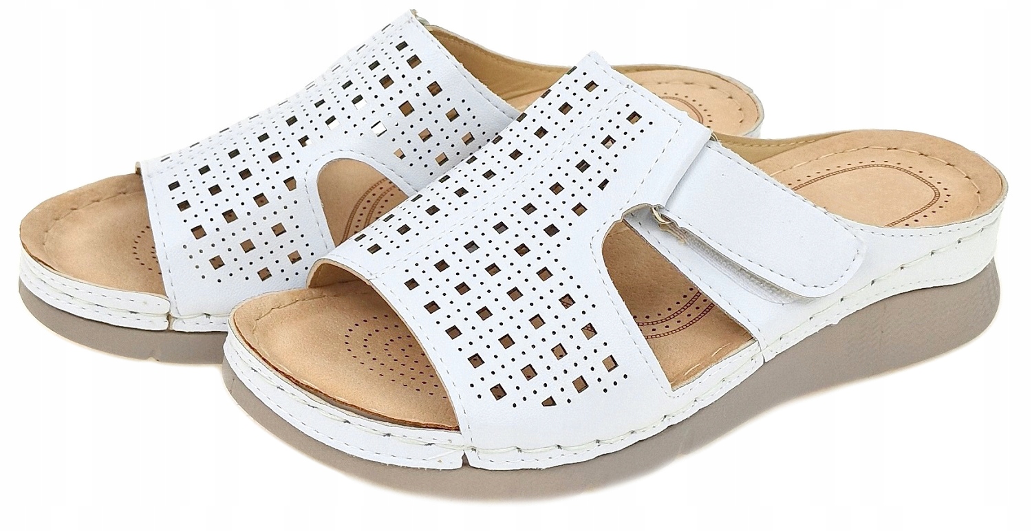 Białe Klapki Odkryte Rzepa Damskie Obuwie roz.39