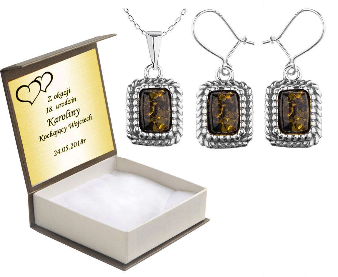 

Komplet Srebrnej Biżuterii Z Bursztynami + Grawer