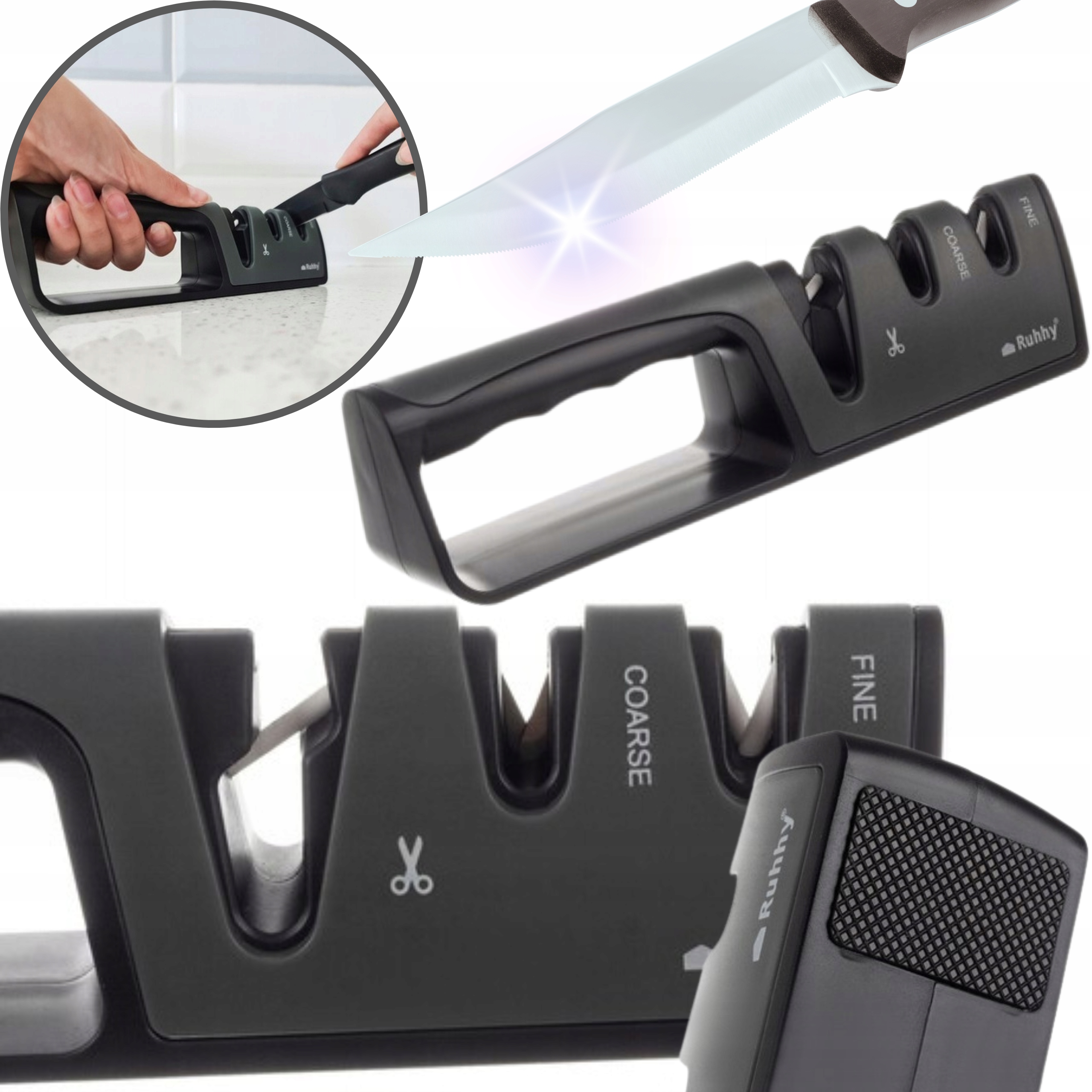 SOLIDNA OSTRZAŁKA OSEŁKA DO OSTRZENIA NOŻY NOŻYCZEK CERAMICZNA RĘCZNA 3w1