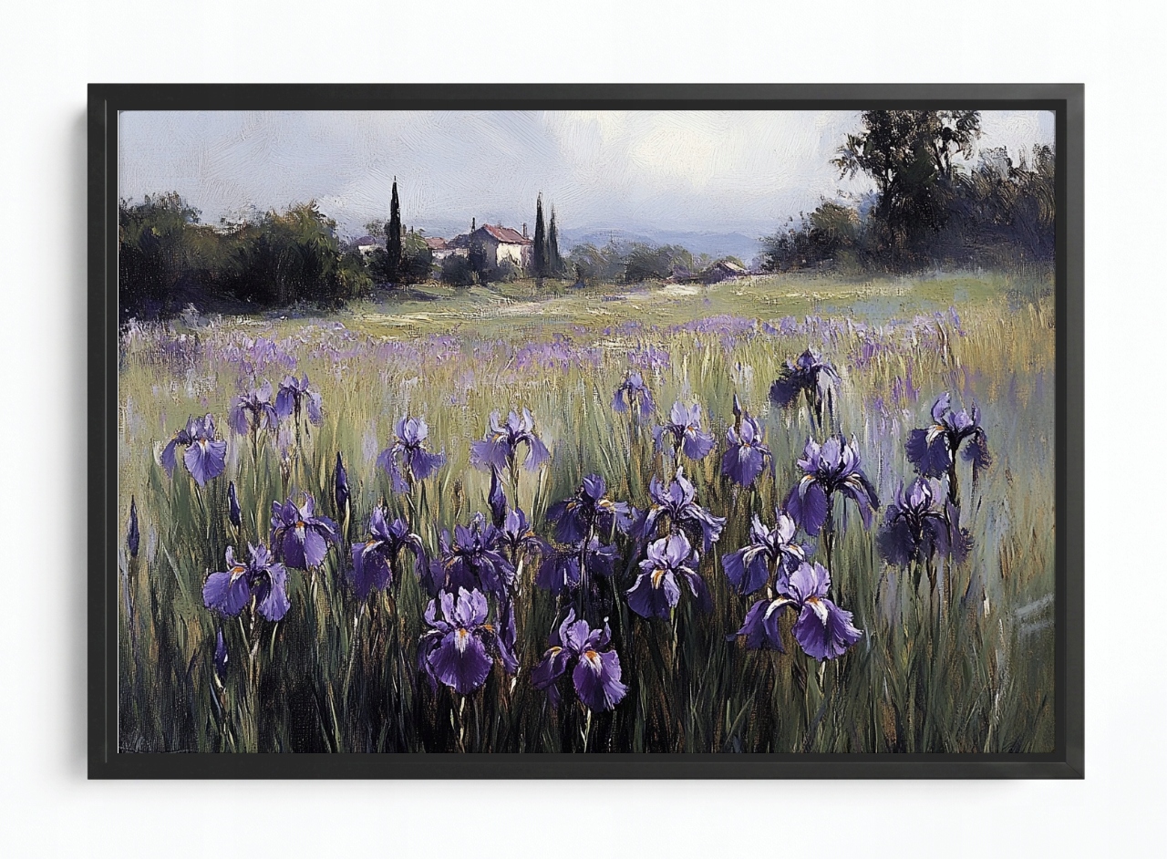 Obraz Rám Americká Krajina Vesnice Louka Domy Květiny Kosatce 60x40