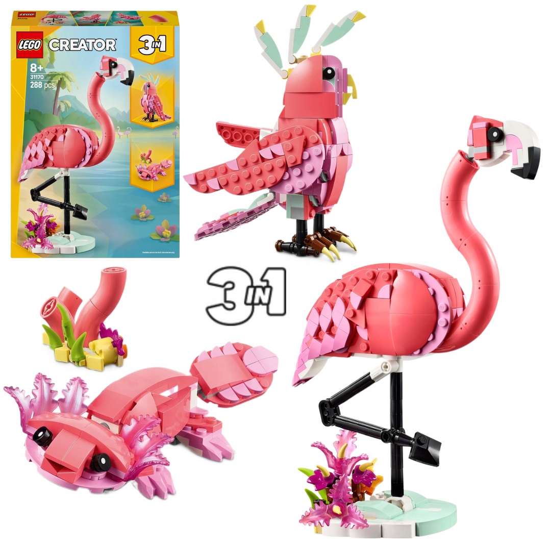 Lego Creator 31170 Divoká zvířata Růžový Plameňák Papoušek Kakadu Aksolotl