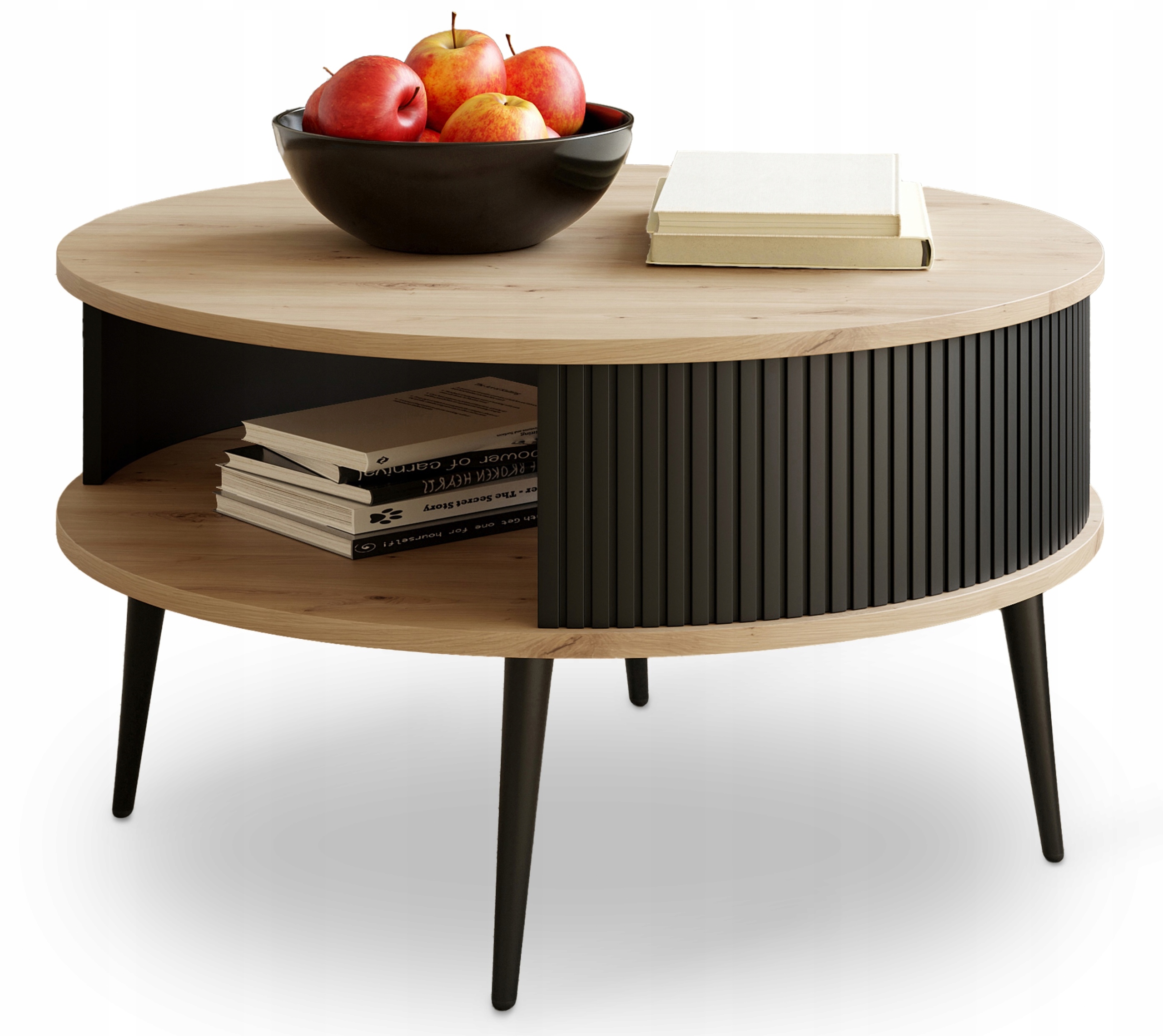 Stolek do obývacího pokoje Kulatý Lamelový Dub Artisan Černé Nohy Moderní 76 cm