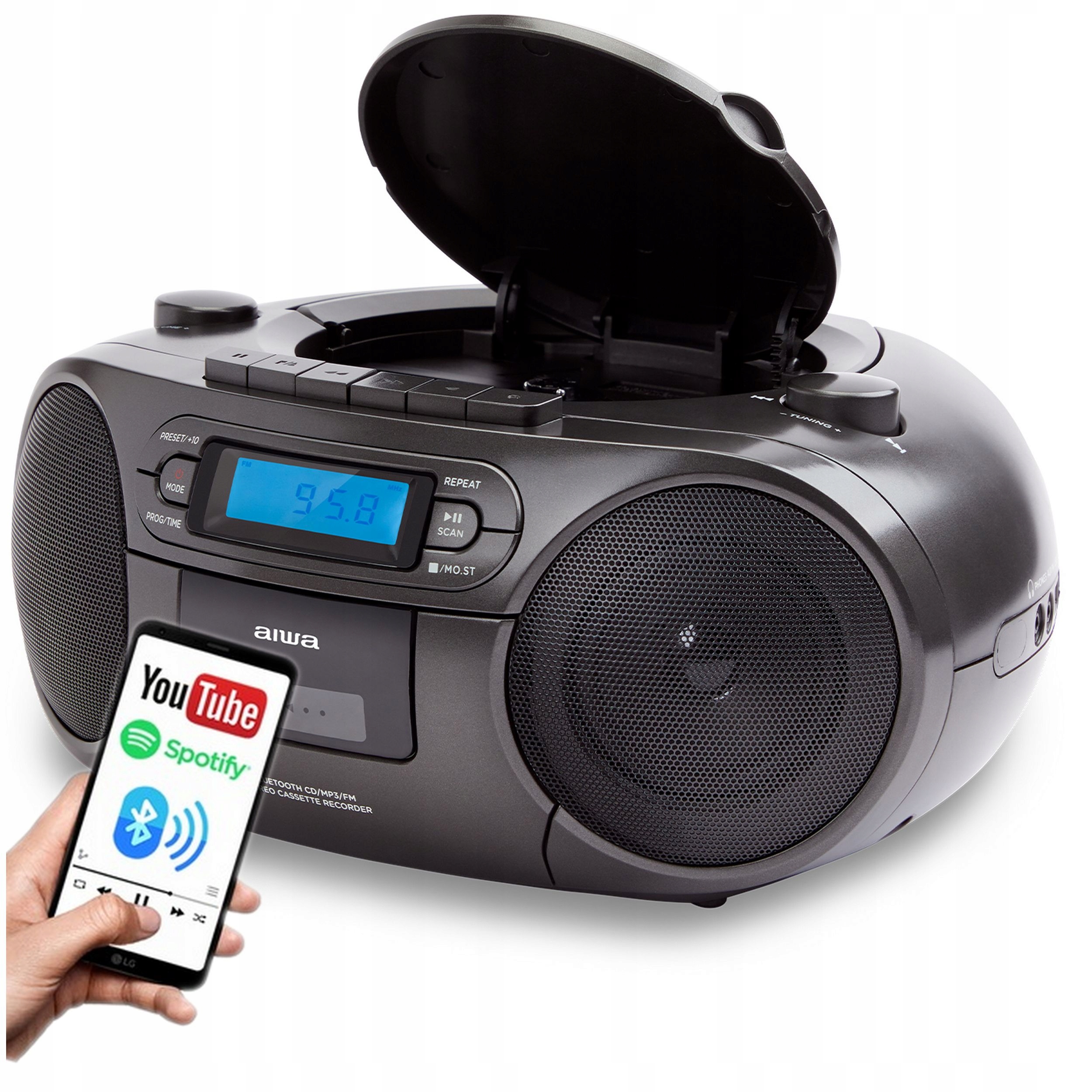 Radioodtwarzacz Boombox Aiwa BBTC-550BK Bt CD Usb Kaseta Fm Aux Zegar