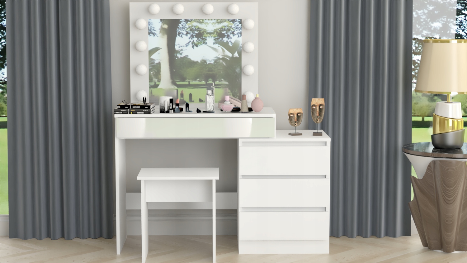 TOALETKA KOSMETYCZNA Z LUSTREM 12LED BIAŁA+TABORET Marka German