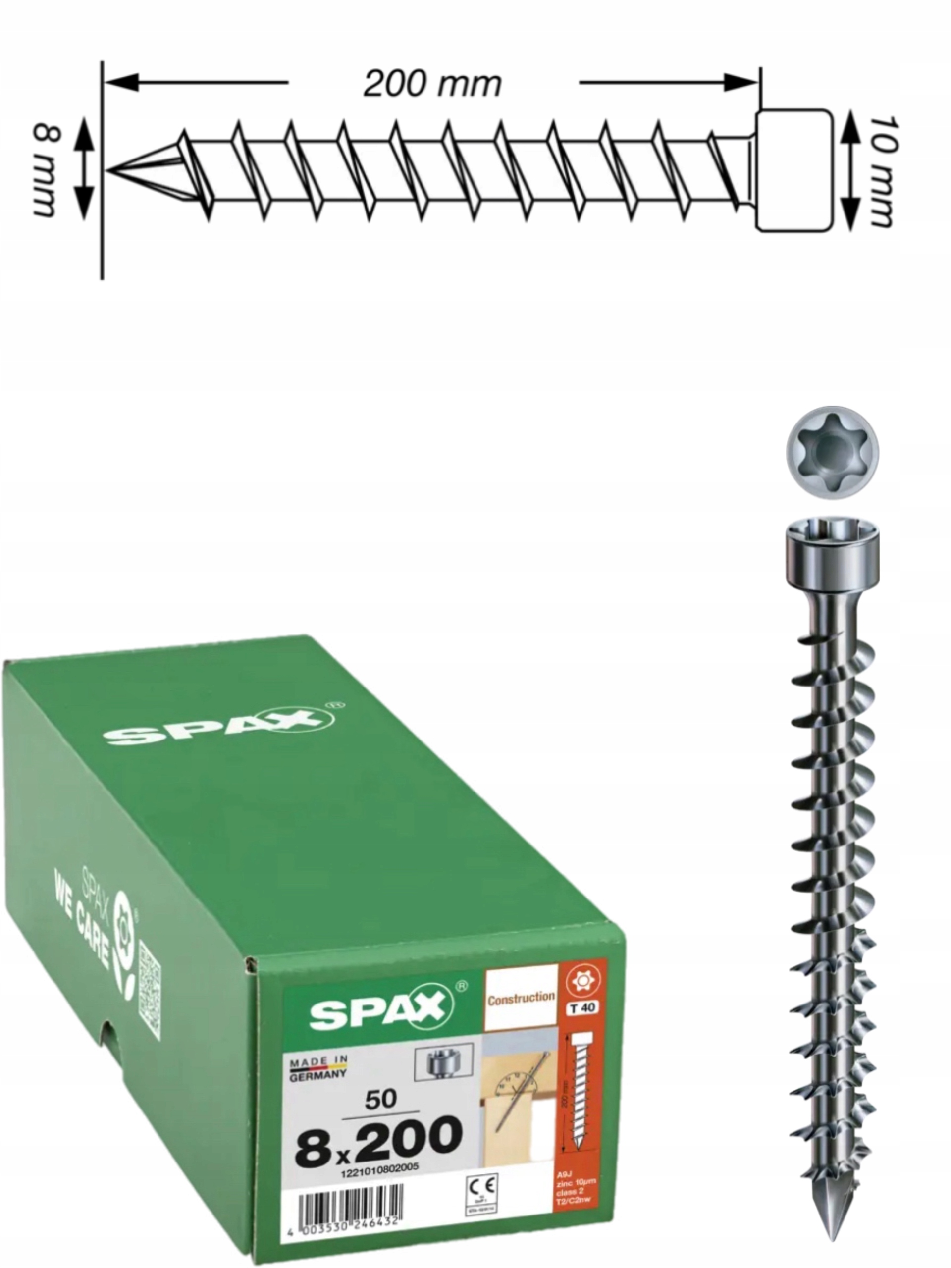 Šrouby Wirox pro konstrukci, plný závit, válec spax 8 x 200 mm, 50 ks