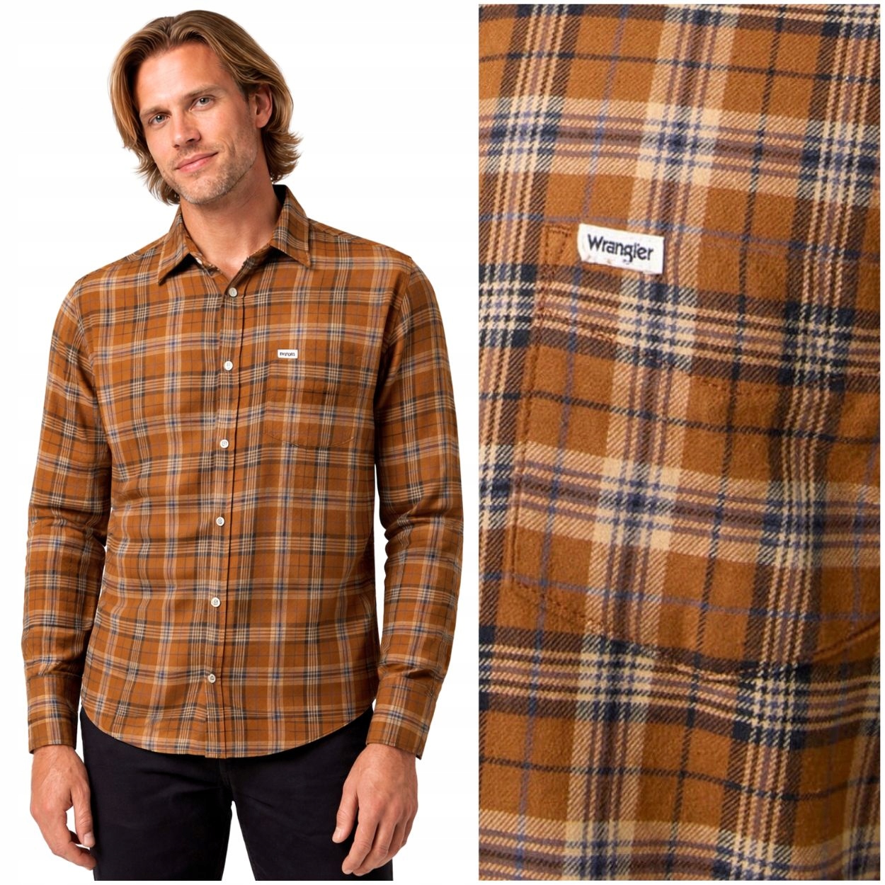 Wrangler 1 Pkt Shirt Brown klasická pánská kostkovaná bavlněná košile XL
