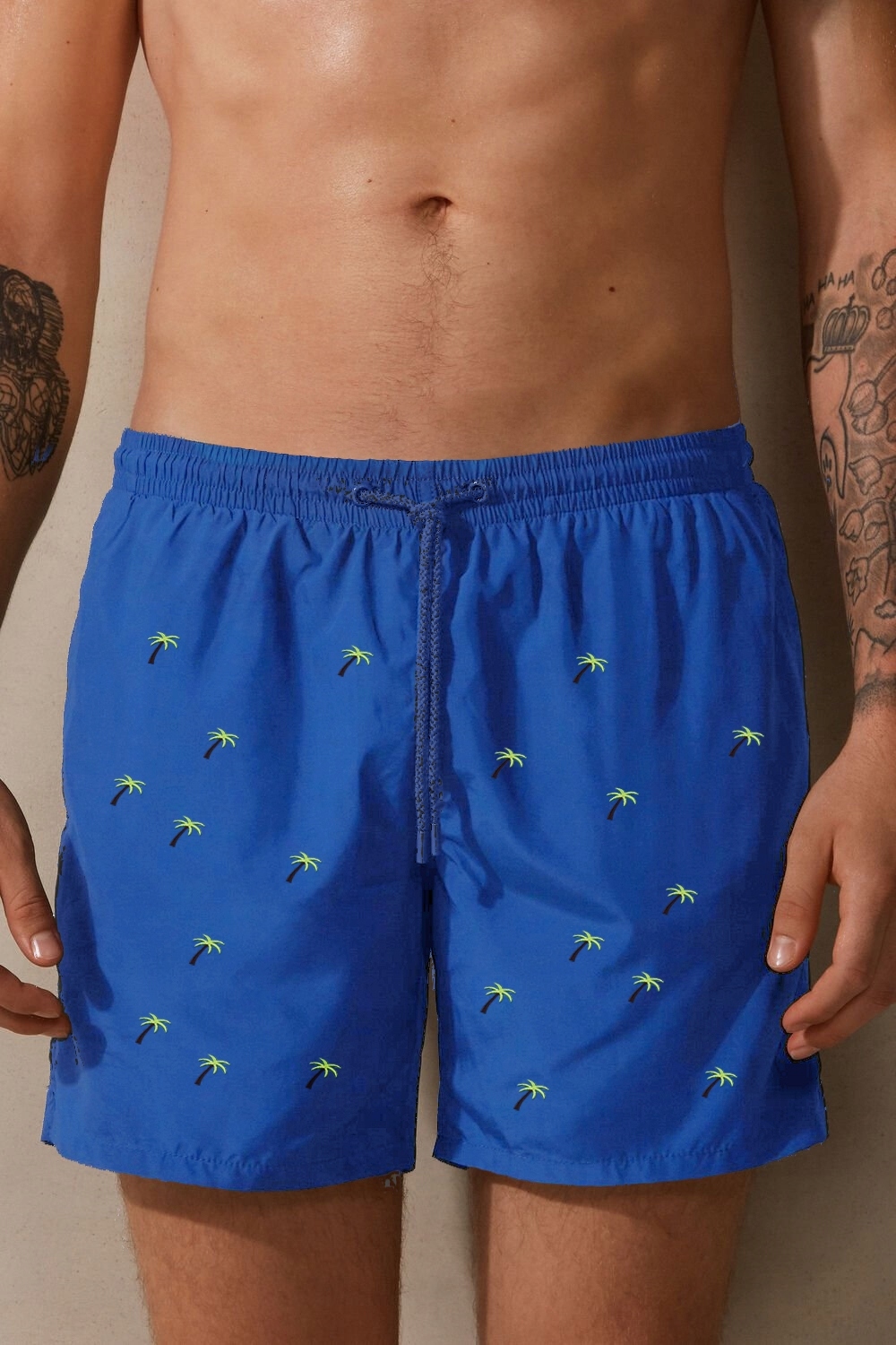 Krótkie SPODENKI KĄPIELÓWKI Męskie SZYBKOSCHNĄCE szorty WYSZYWANE PALMY, M Wzór dominujący bez wzoru