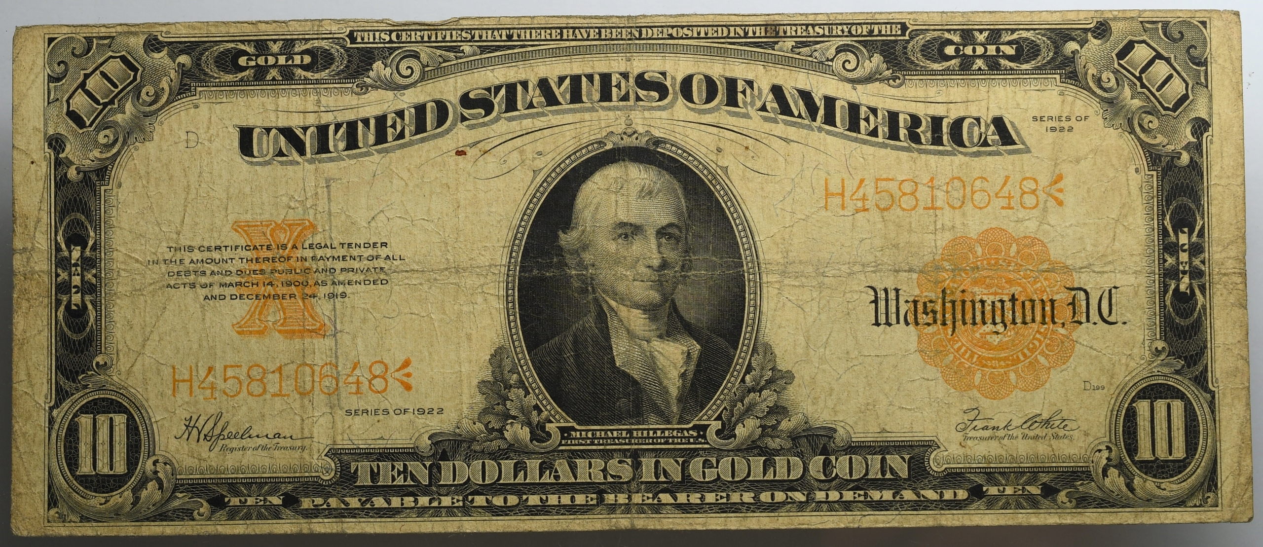 1. USA, 10 dolarów 1922, Gold Certificate