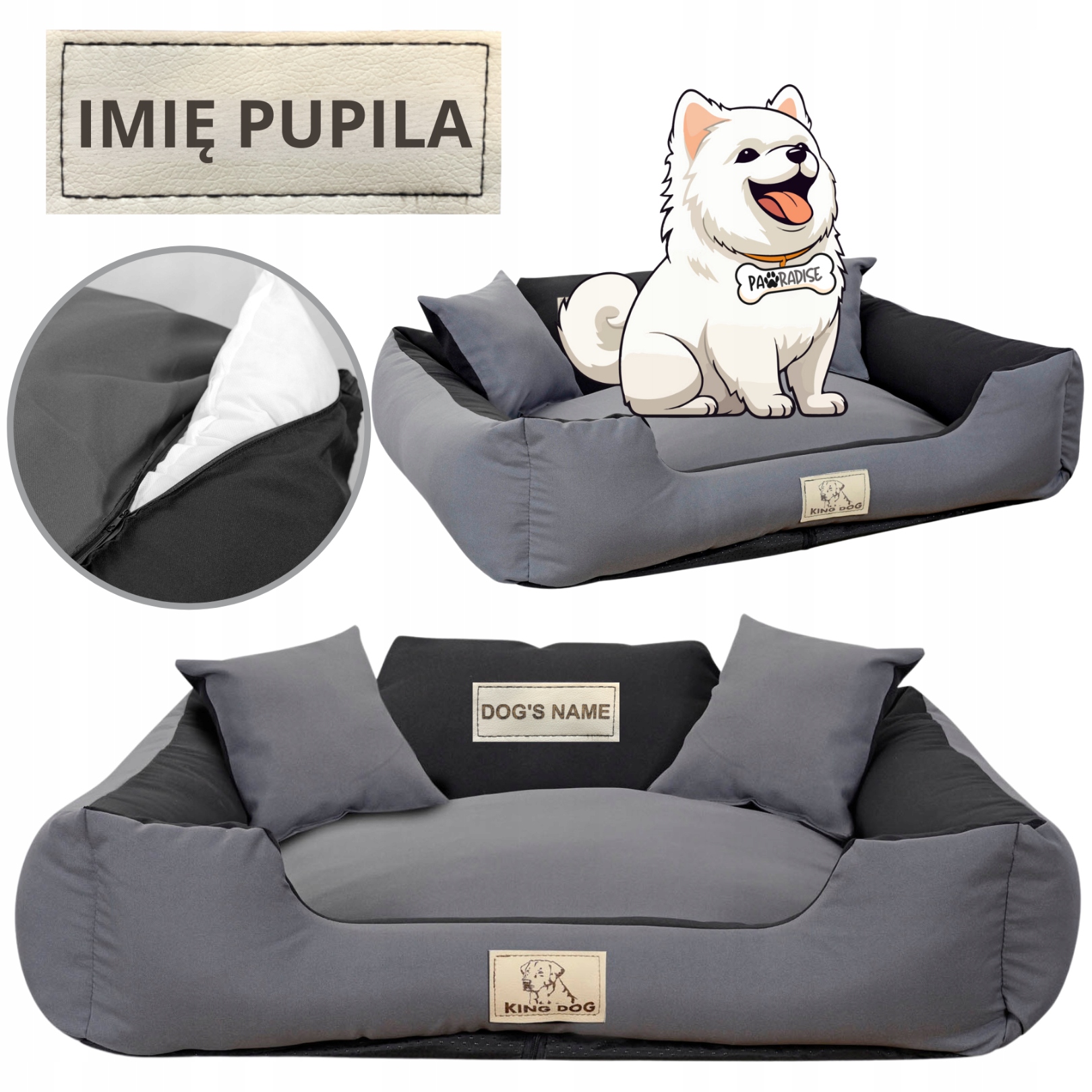 Levně pelíšek pro psa Kotec M se jménem 75x65cm Rozebíratelné Šedé Kingdog Soft