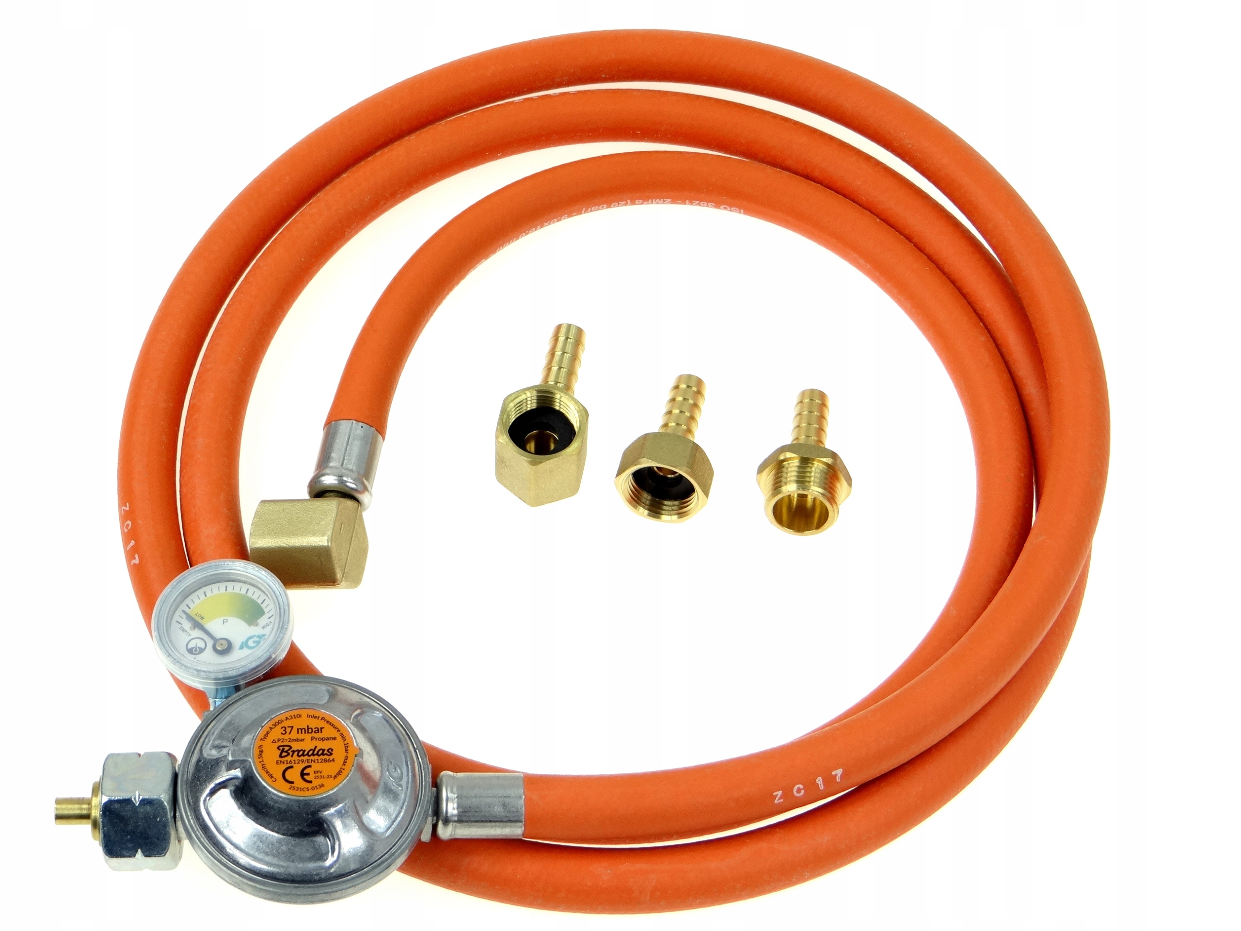 Reduktor 37 mbar+Hadice 2 m Kovaná přípojka pro plynovou kuchyň a desku na láhev 11 kg