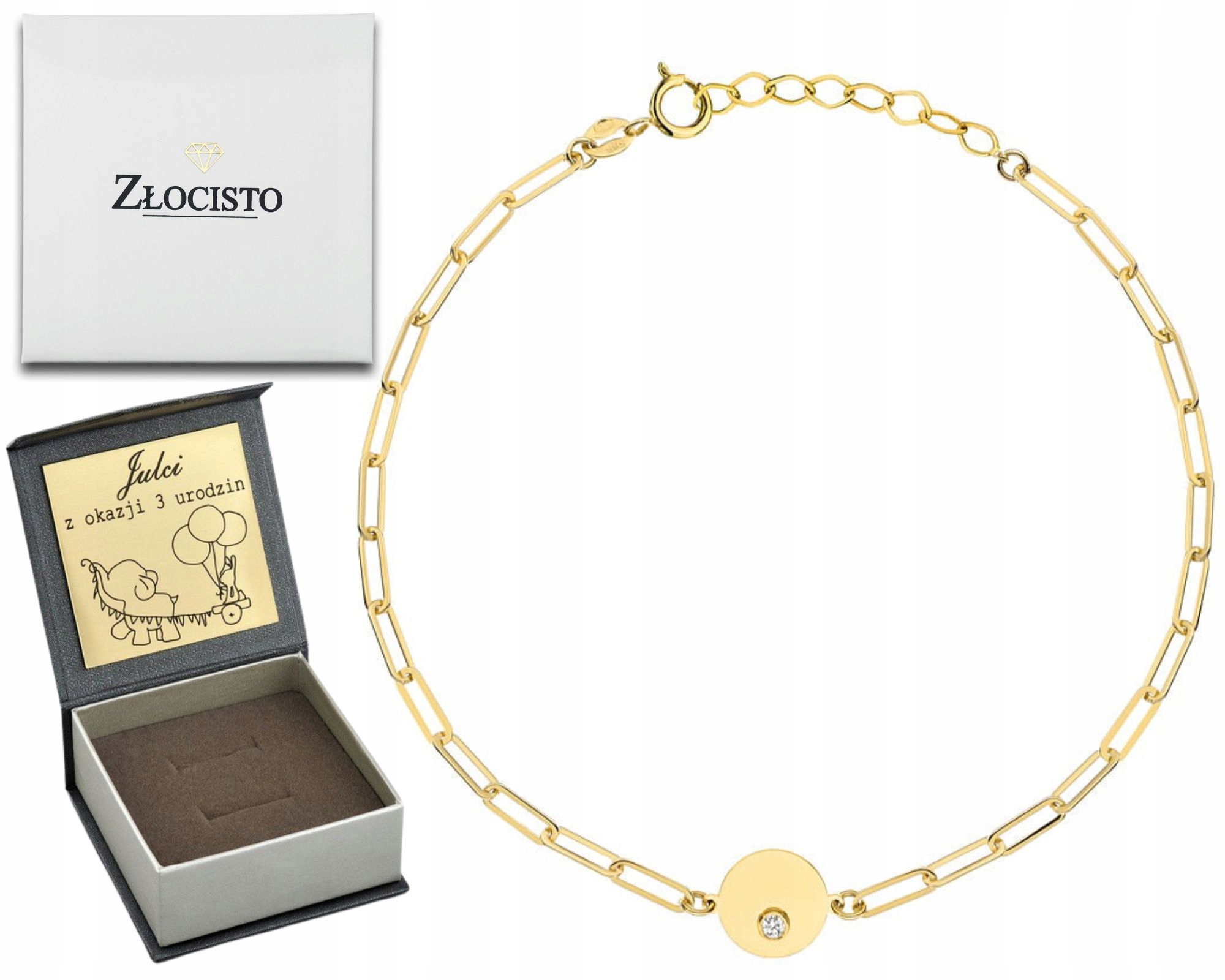 Zlatý náramek s článkem a kroužkem se zirkonem 585 Gravírování pro ženu Dárek