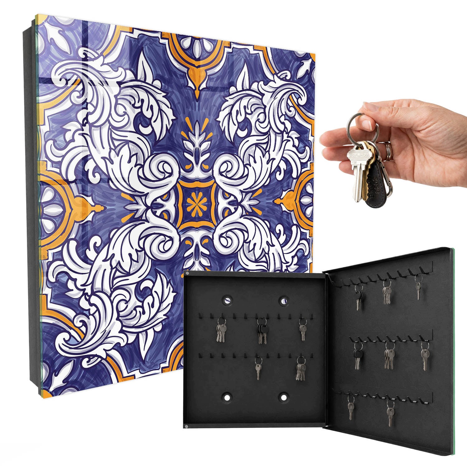 Skříňka Věšák Organizér na klíče Ornament Rostlinný Černá pravá 30x30 cm