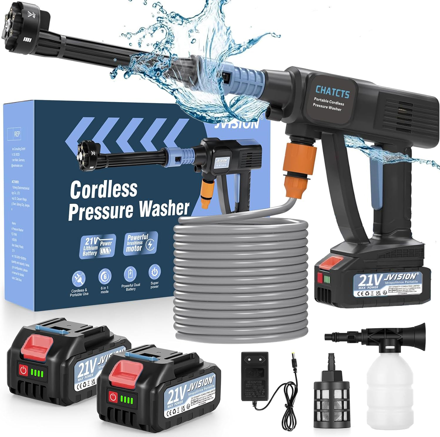 Myjka Ciśnieniowa Akumulatorowa 2X Aku 21V 4AH 65 Bar Z 6W1 Dysza 5M Wąż