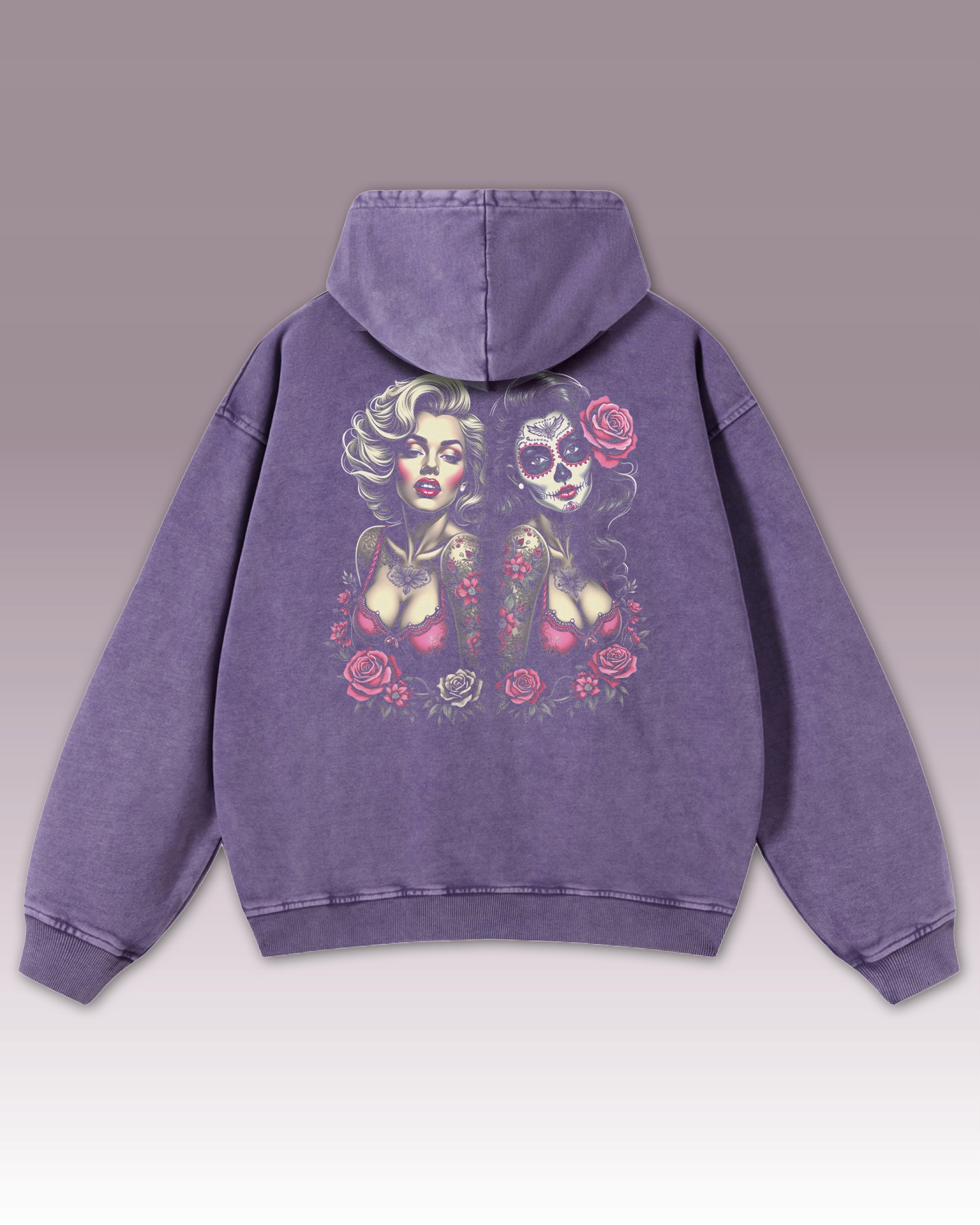 Sexy žena s květinovým tetováním fialová Oversize mikina s kapucí
