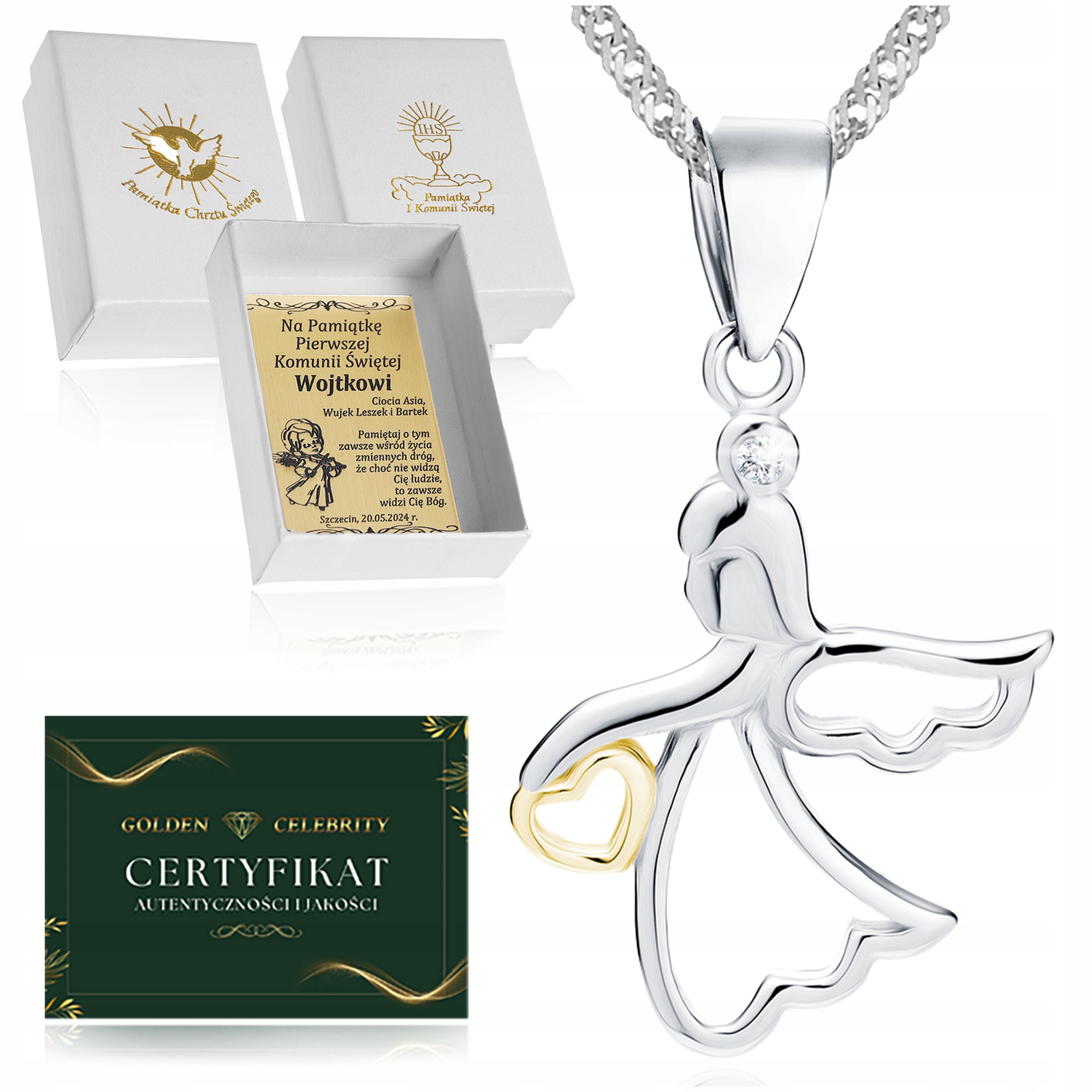 PIĘKNY SREBRNY ŁAŃCUSZEK SINGAPUR + ANIOŁEK Z SERDUSZKIEM PRÓBA 925 GRAWER