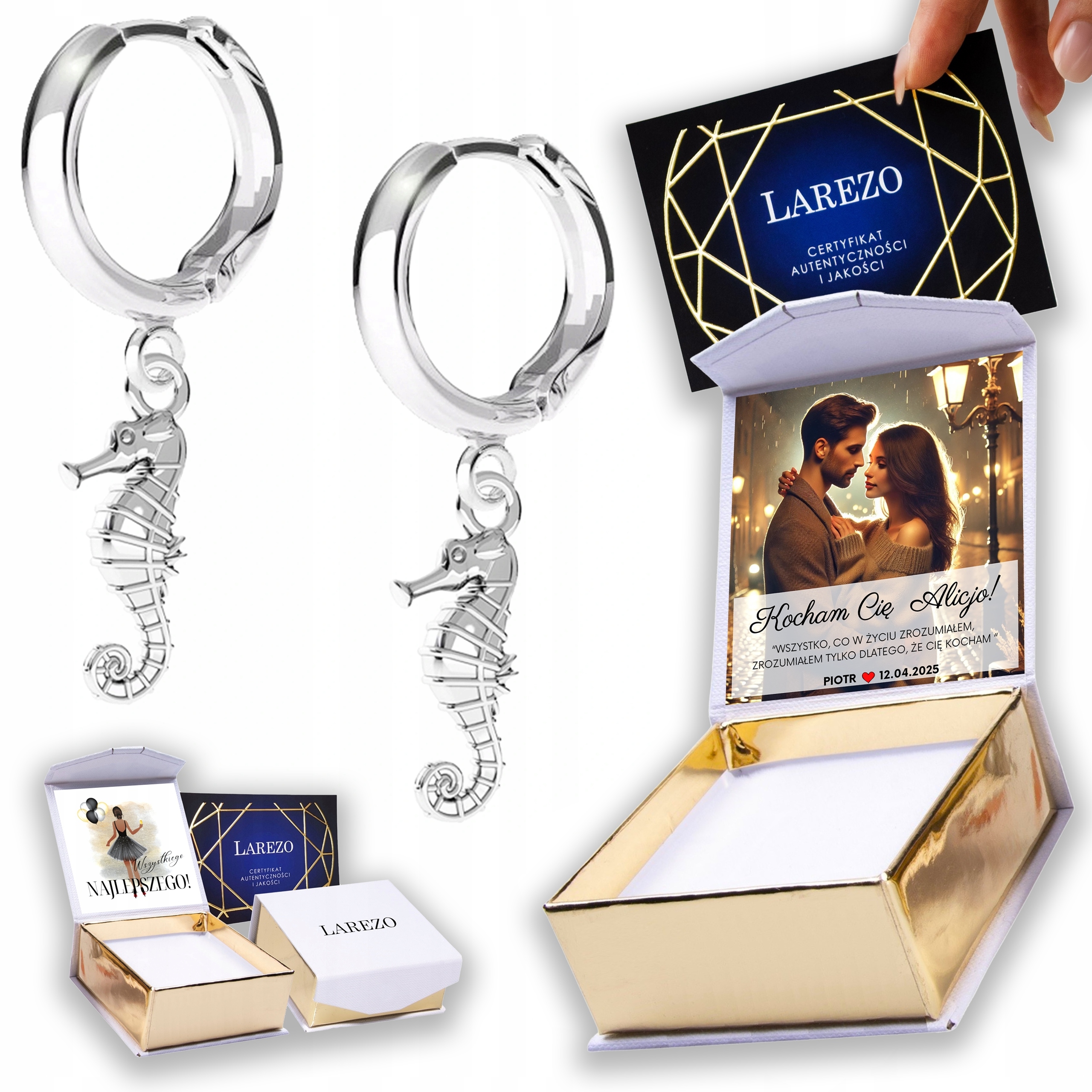 Stříbrné Náušnice 925 s mořskými koníky Ryby Rybičky Mořské koníky Potisk