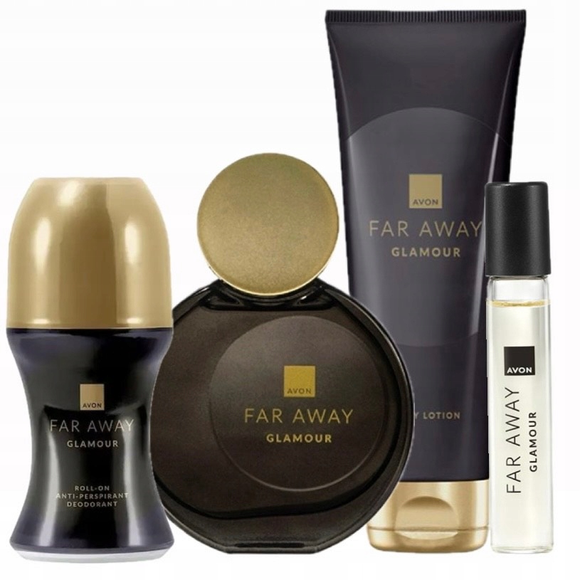 Avon Sada Far Away Glamour 4v1: Parfémovaná voda, tělové mléko, kuličkový deodorant, parfém
