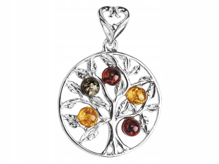 Stříbrný Přívěsek Strom Života s Jantarem Strom Štěstí Kruh