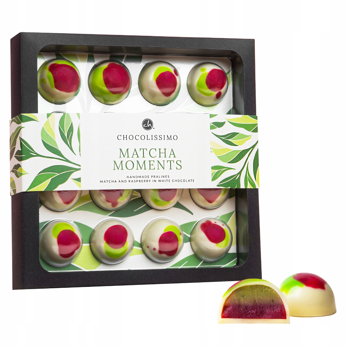 Levně Dárek na Velikonoce 16 pralinek Matcha malina z Belgické Čokolády 176 g