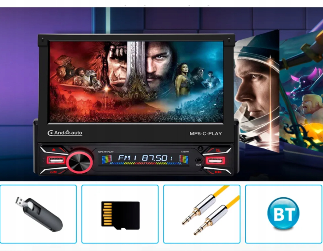 Radio Samochodowe 1DIN 7"Bluetooth USB AndroidAuto Carplay Wys Ekran kamera Moc wzmacniacza 4x45 W