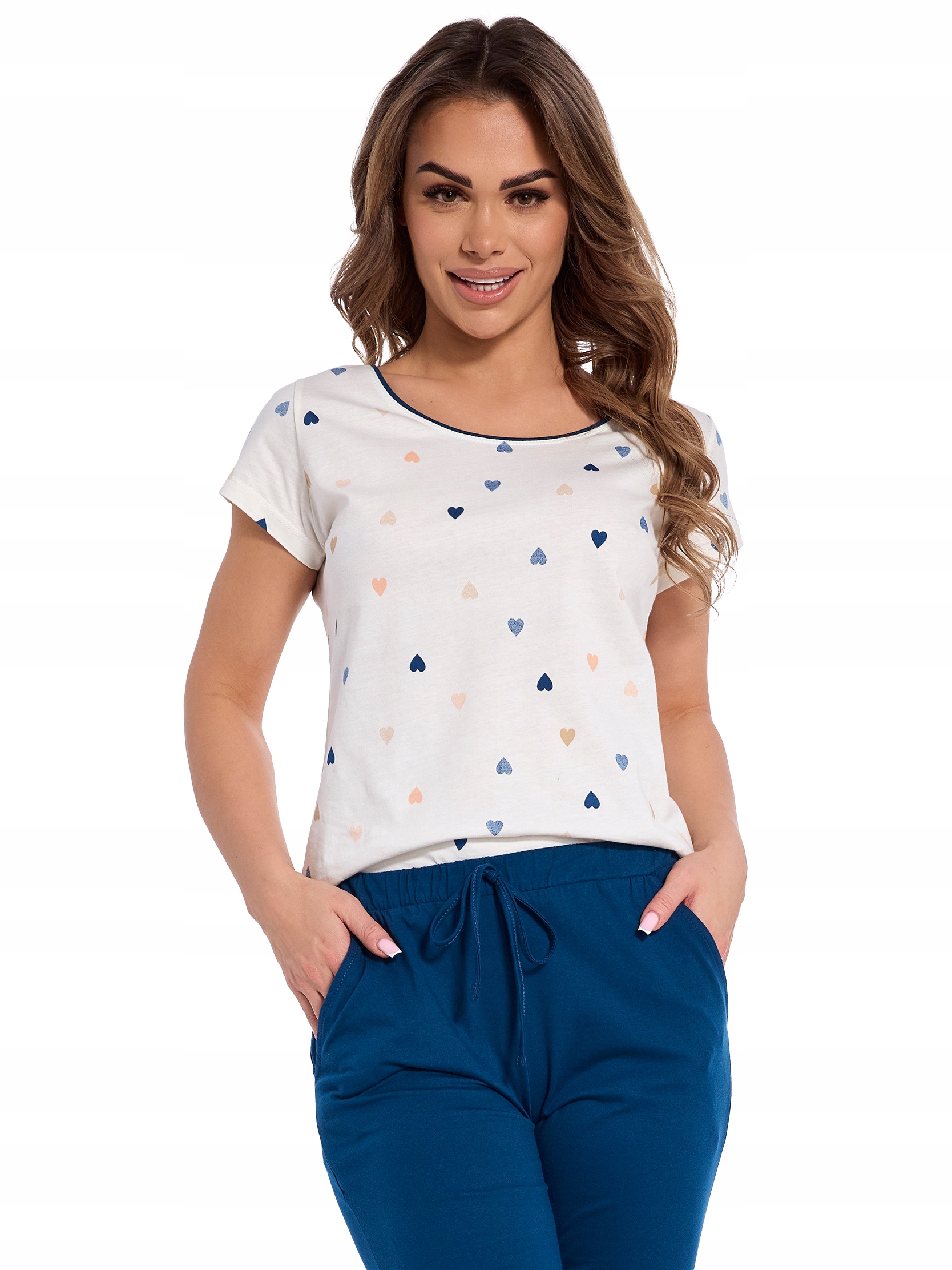 Piżama damska Cornette 055/305 Heart r. M (38) kieszenie bawełniana ecru