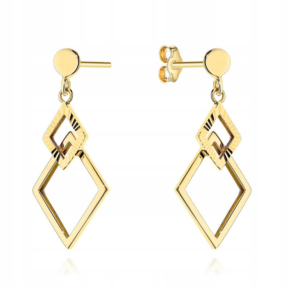 Náušnice zlaté 585 závěsné kosočtverce zdobené diamantem, dárek k Vánocům