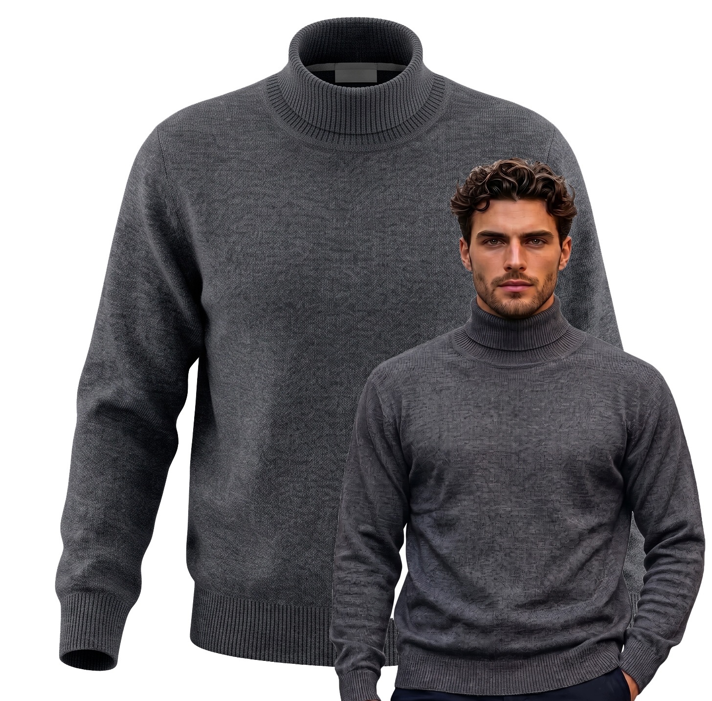 Sweter Męski Golf Pod Szyje Dopasowany Miękki 02 Wełna Grafitowy L