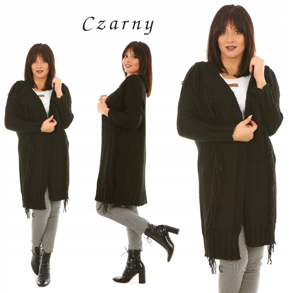 F491 włoski SWETER kardigan FRĘDZLE