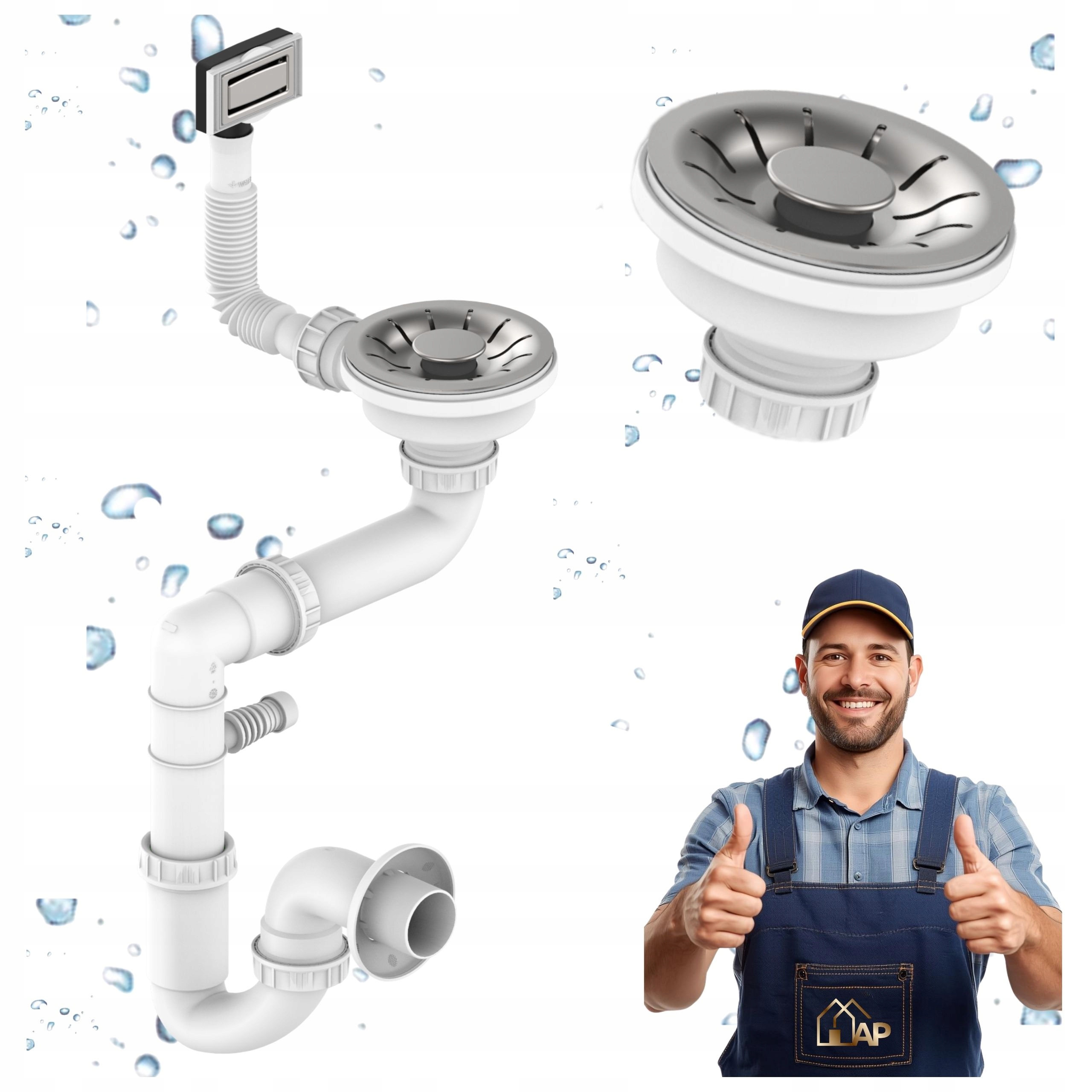 Sifon do dřezu 1-komorový Přepad Odtok Inox Úspora místa