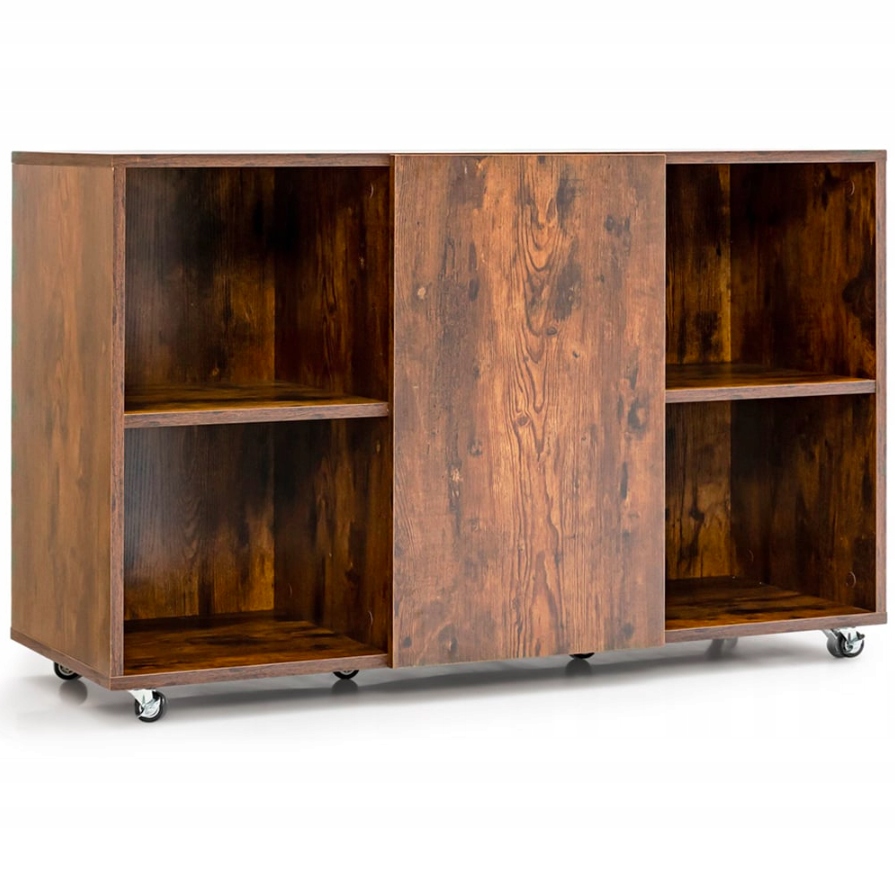 Kredencová komoda s dverami a policami na kolieskach, vintage rustikálna