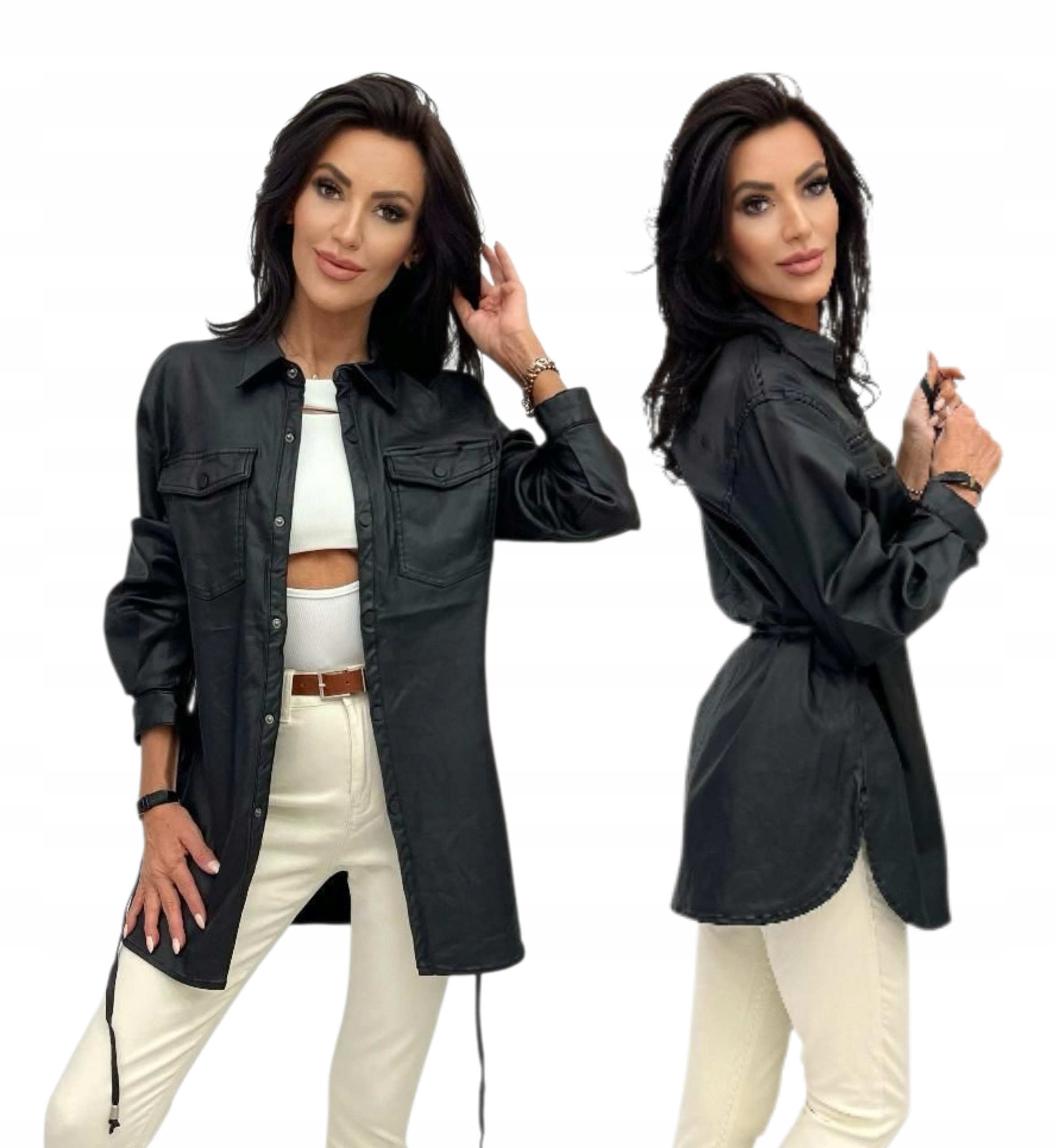 Černá Košile Z Imitace Kůže Na Druky S Vázáním, velikost L 40