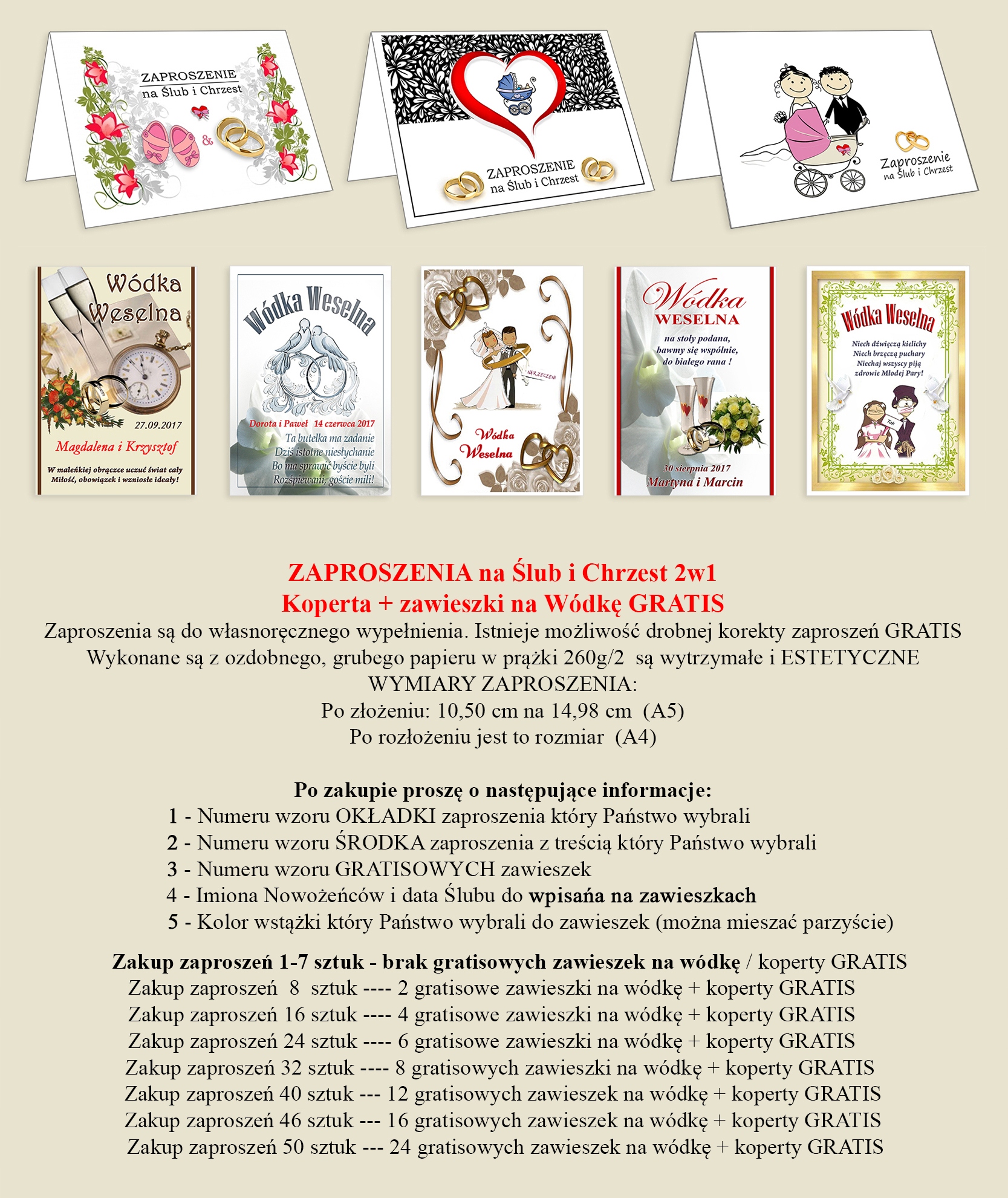 ZAPROSZENIA NA CHRZEST I ŚLUB 2w1 ZAWIESZKI GRATIS Kolor dominujący biały