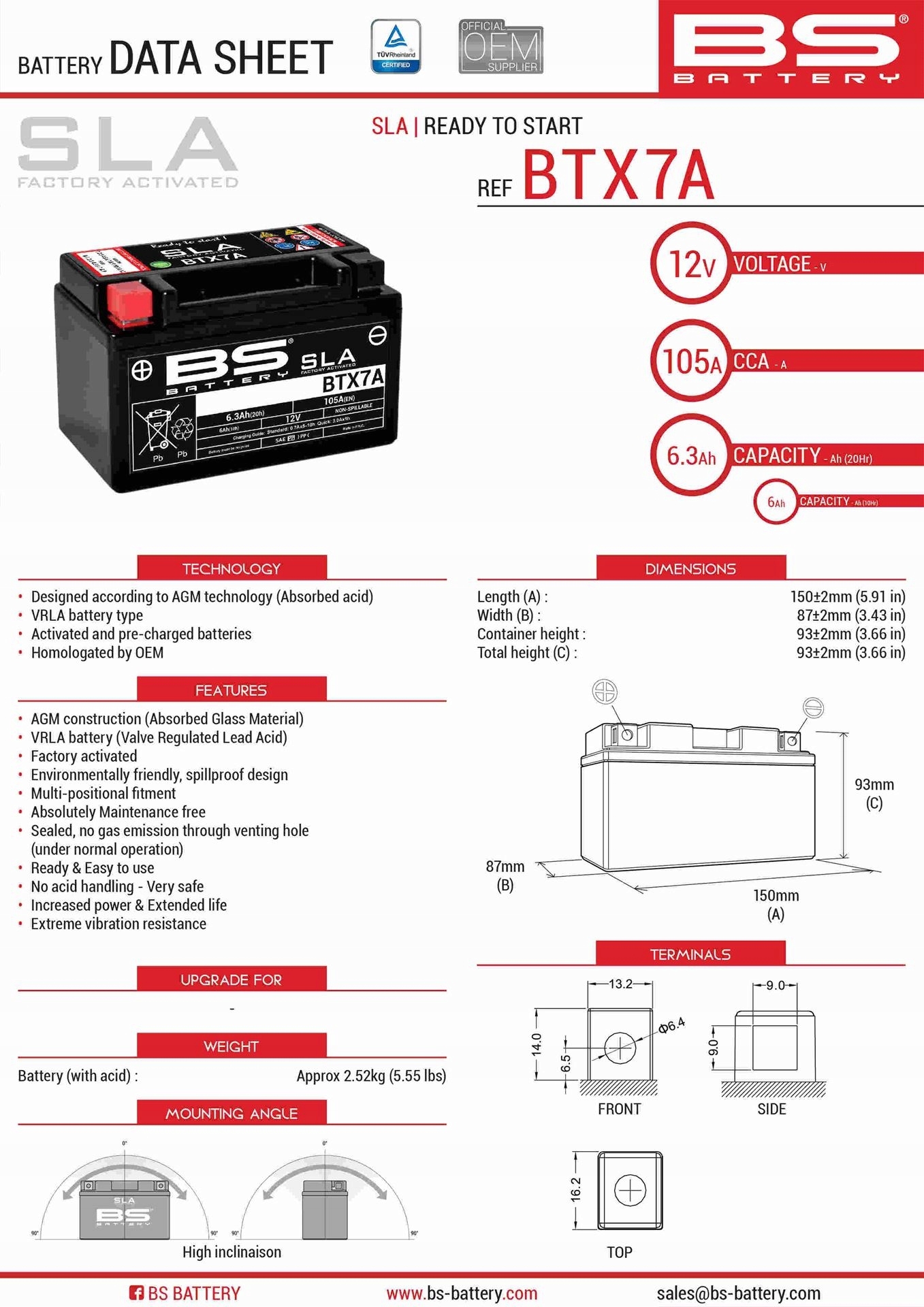 Bs Batéria BTX7A (fa) (YTX7A-BS) 12V 6AH 152X88X94 Bezobs Lužný Zaplavený