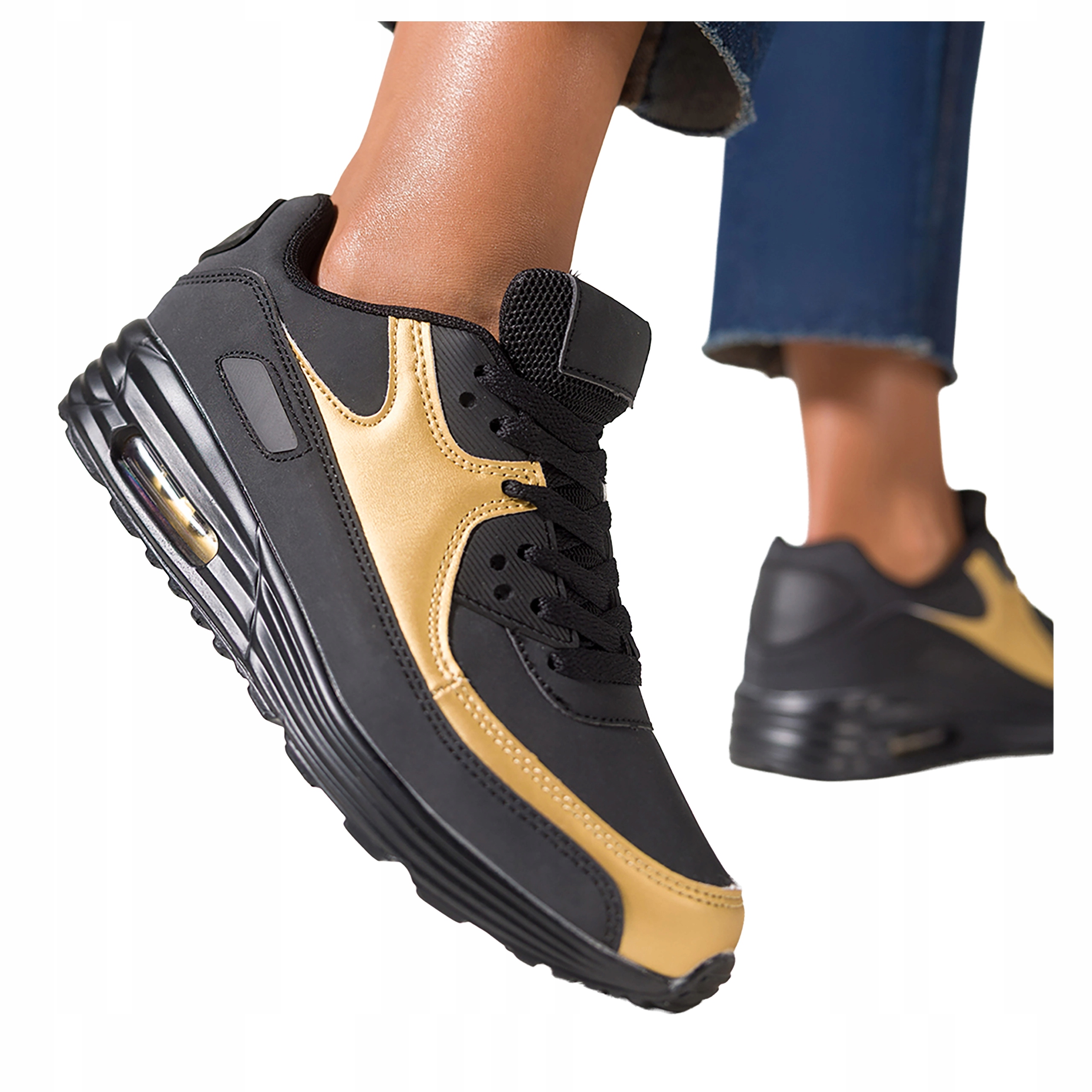 Černé dámské šněrovací tenisky na klínku, zlaté sportovní vložky, velikost 38