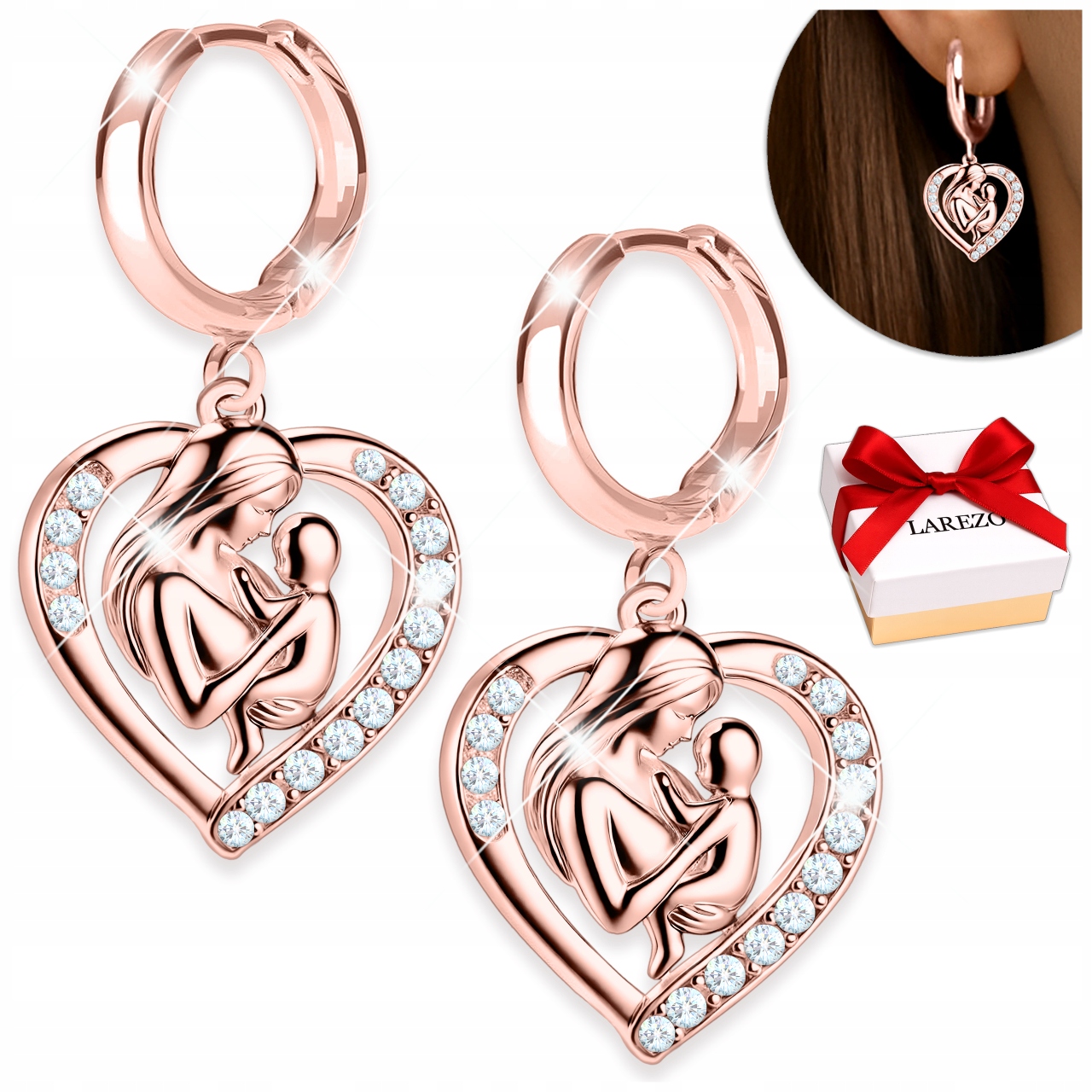 Náušnice Pozlacená srdce s zirkony Závěsné srdce Maminka a dcera Stříbro 925