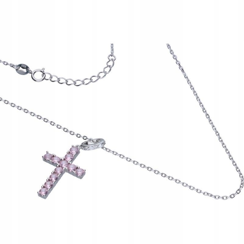 Stříbrný náhrdelník 925 křížek s růžovými zirkony, elegantní, značkový, módní