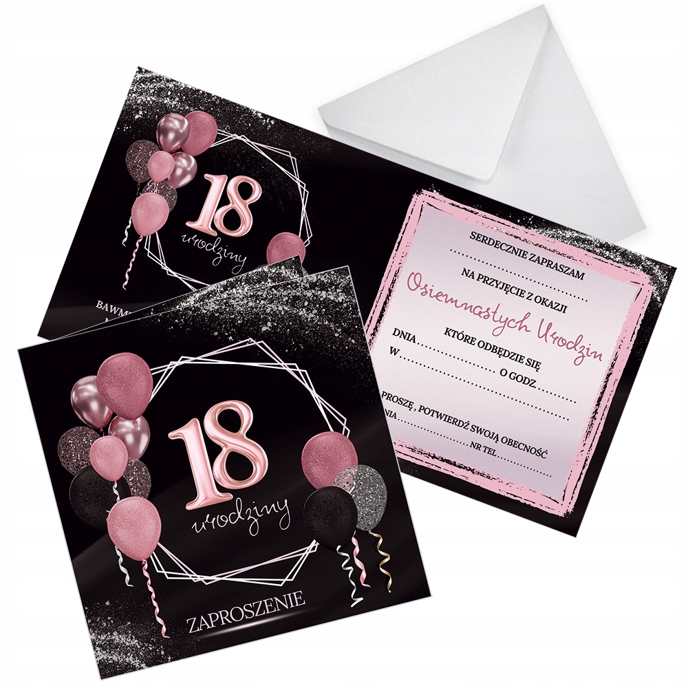 Zaproszenia na 18 Urodziny Różowe Balony Party Koperta Biała