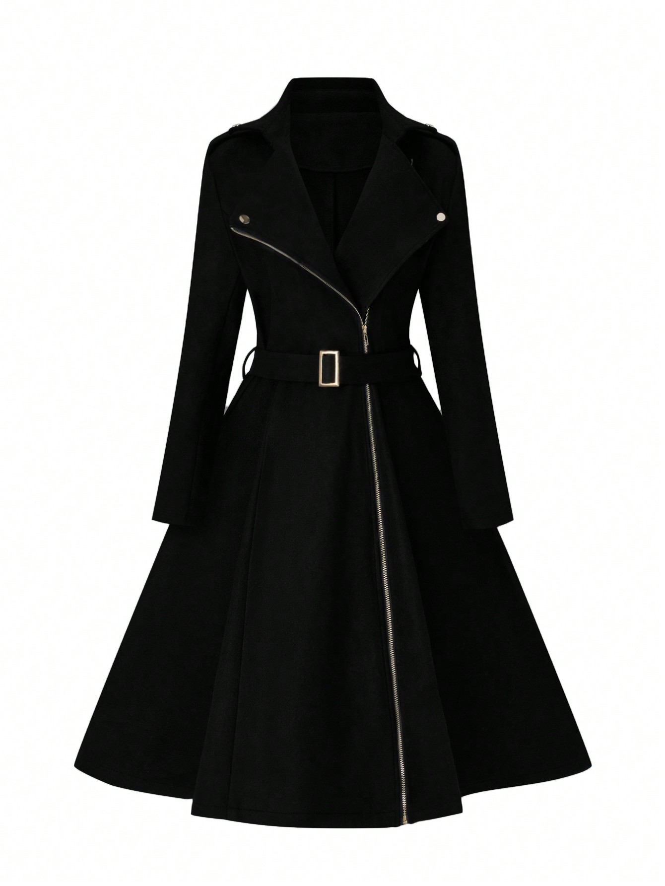 Shein Černý Trapézový Kabát S Elegantním Páskem 48 1MA