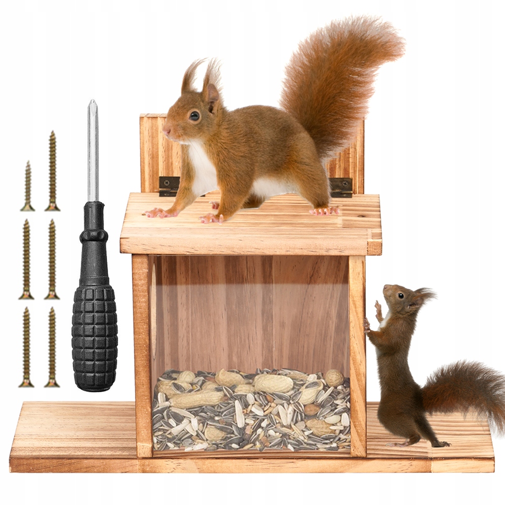 Krmítko pro veverky dřevěné s čepem na pažbu a průhlednou stěnou