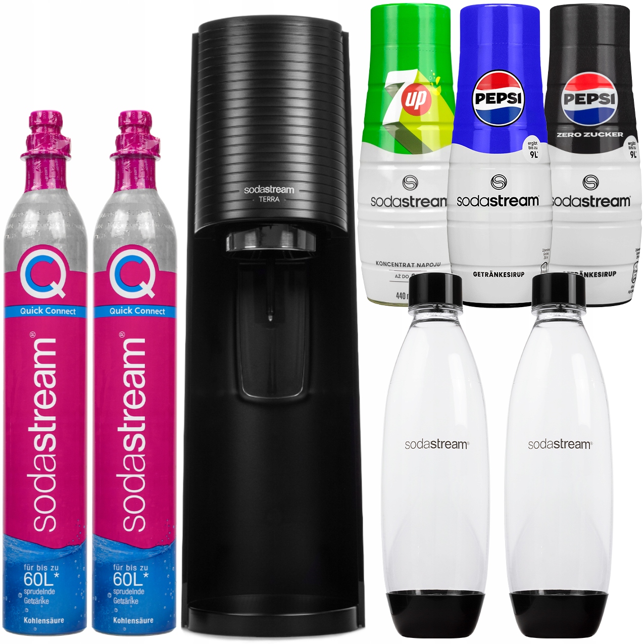 Výrobník Sody Sodastream Terra Black 2 Lahve 2 Náboje 3X Sirup Pepsi 7UP