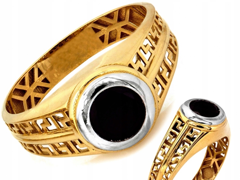 Zlatý elegantní prsten 585 s řeckým vzorem a onyxem 3.89 g R20 jako dárek