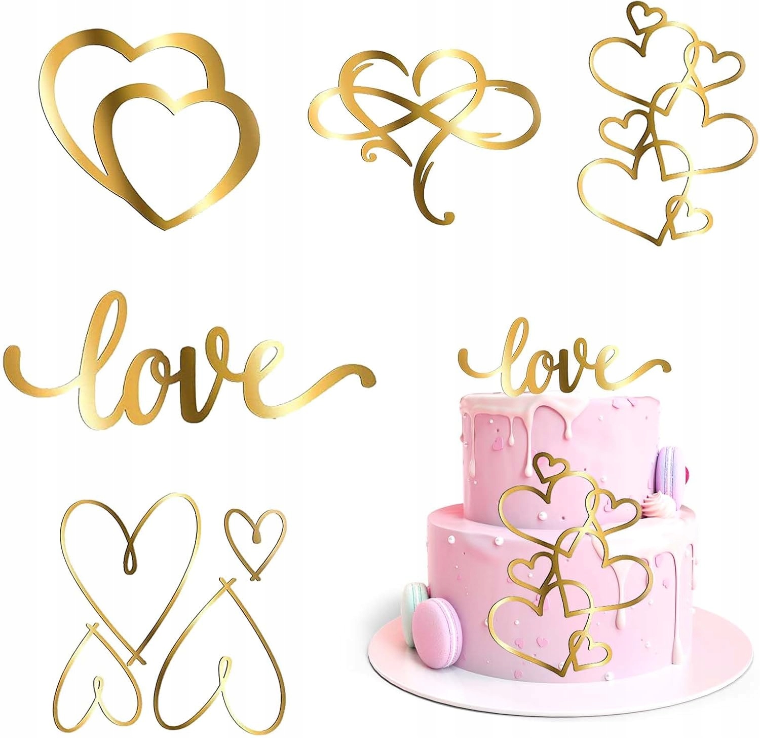 Levně Dekorace Na Dort Ve Tvaru Srdce Akcesoria Na Dorty, Zlatá Sada