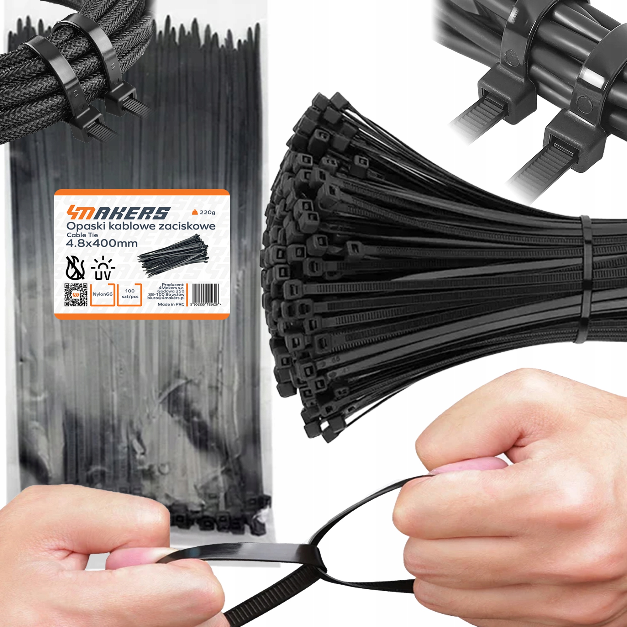 Mocne Opaski Zaciskowe Kablowe Trytki 4.8 x 400mm 100szt. Trytytki Trytka