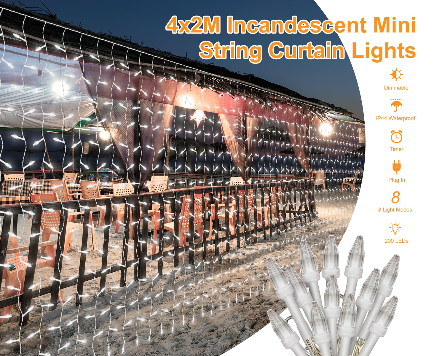 CERIAL Kurtyna Świetlna 4x2m 300 LED Białe Lampki Na Święta i Dekoracje — miniatura 8