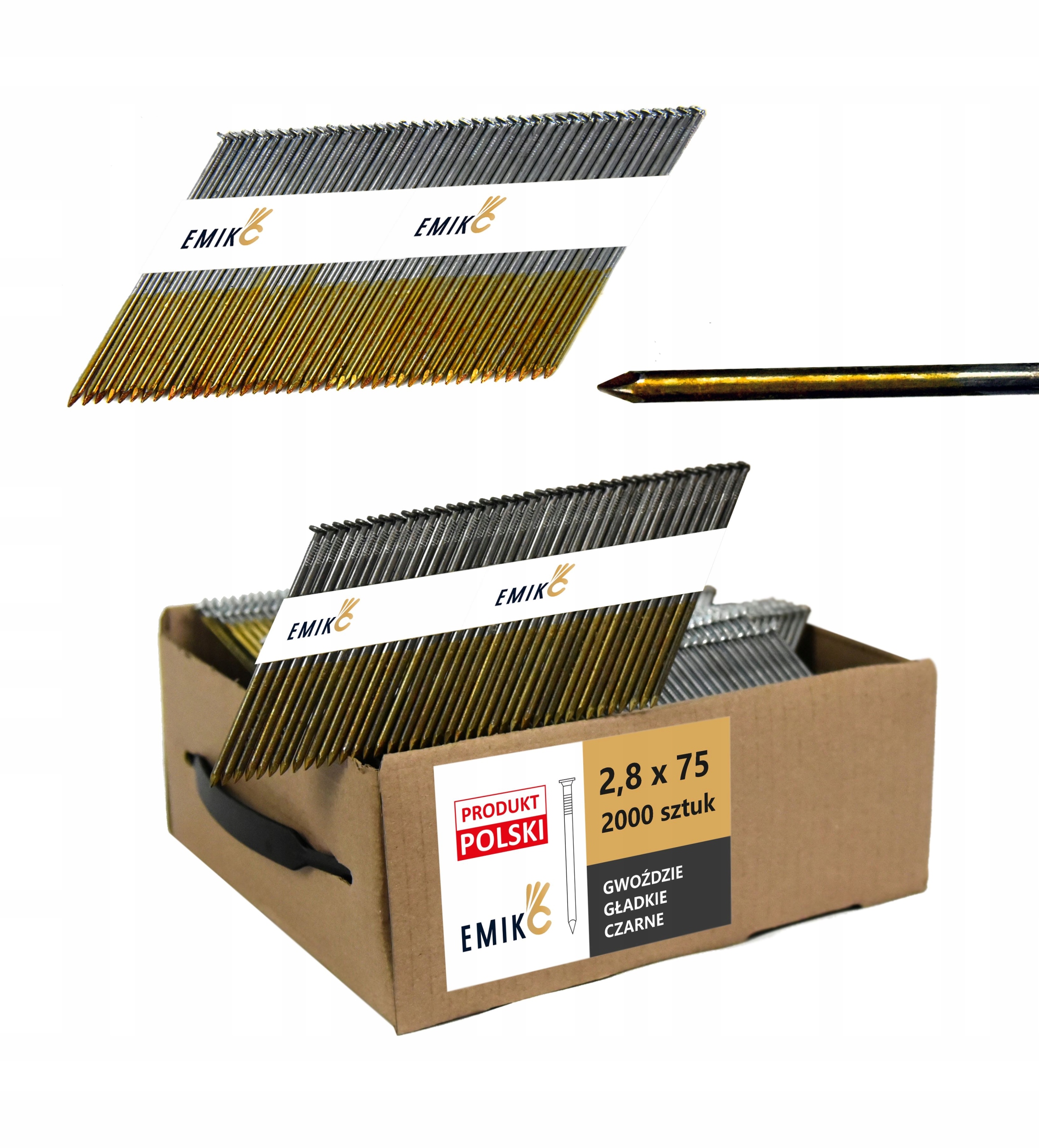 Gwoździe do gwoździarki łączone papierem 2,8x75mm 34° 2000szt Gładkie