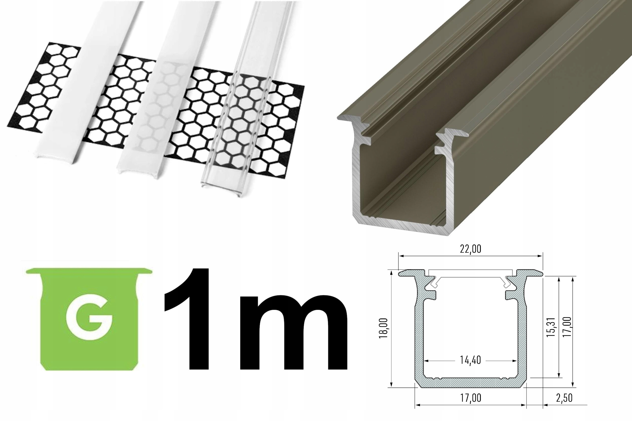 PROFIL LED WPUSZCZANY DO TYNKU G +KLOSZ 1m BRĄZOWY