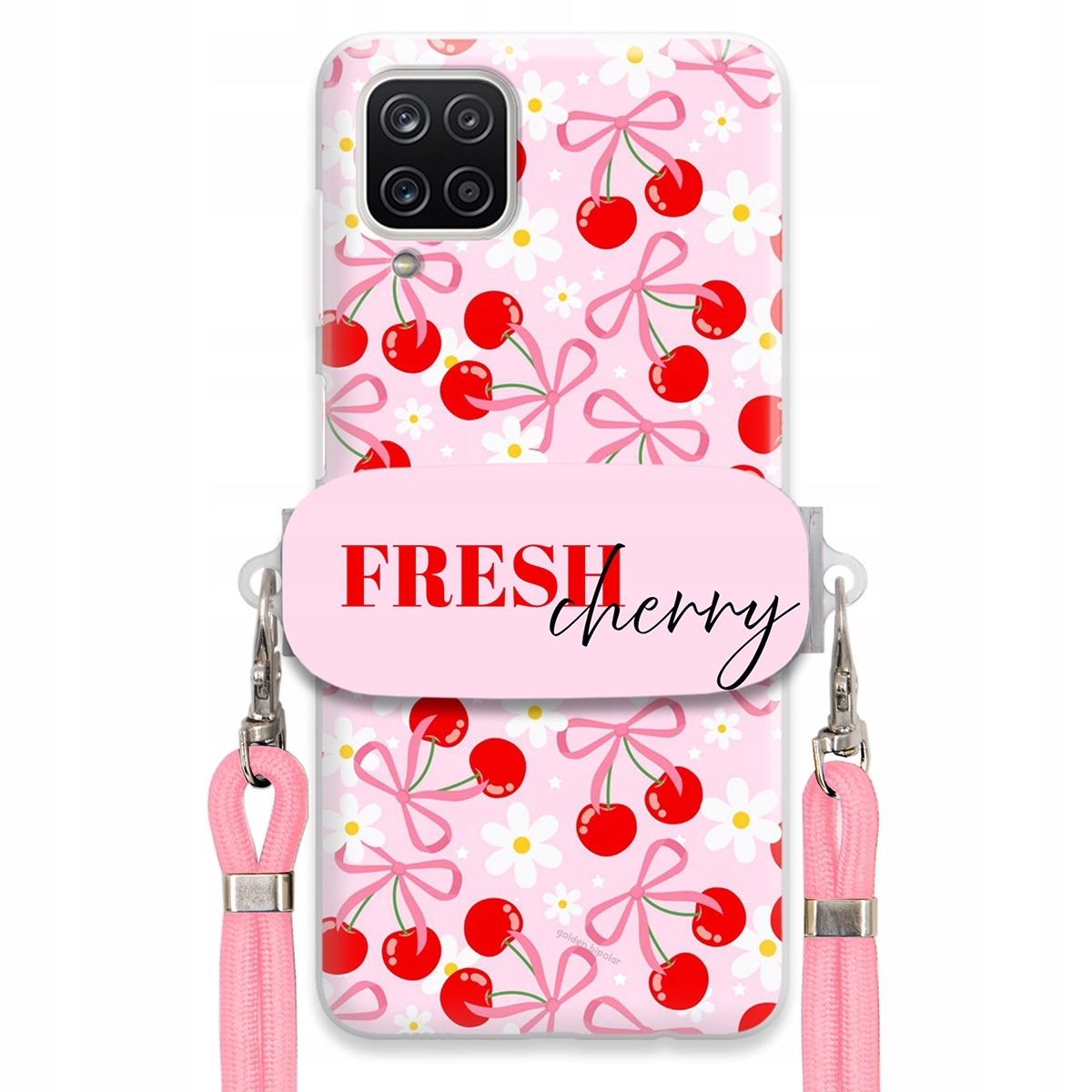 Puzdro pre Samsung A12 Case Držiak šnúrok Ružový Fresh Cherry Čerešňové mašle