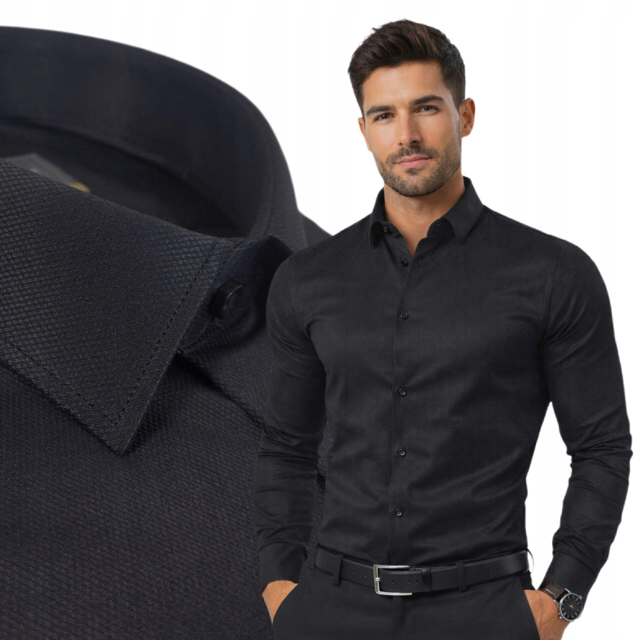 Pánská strukturovaná košile Lavier Černá – Elegantní Slim fit Bavlna L